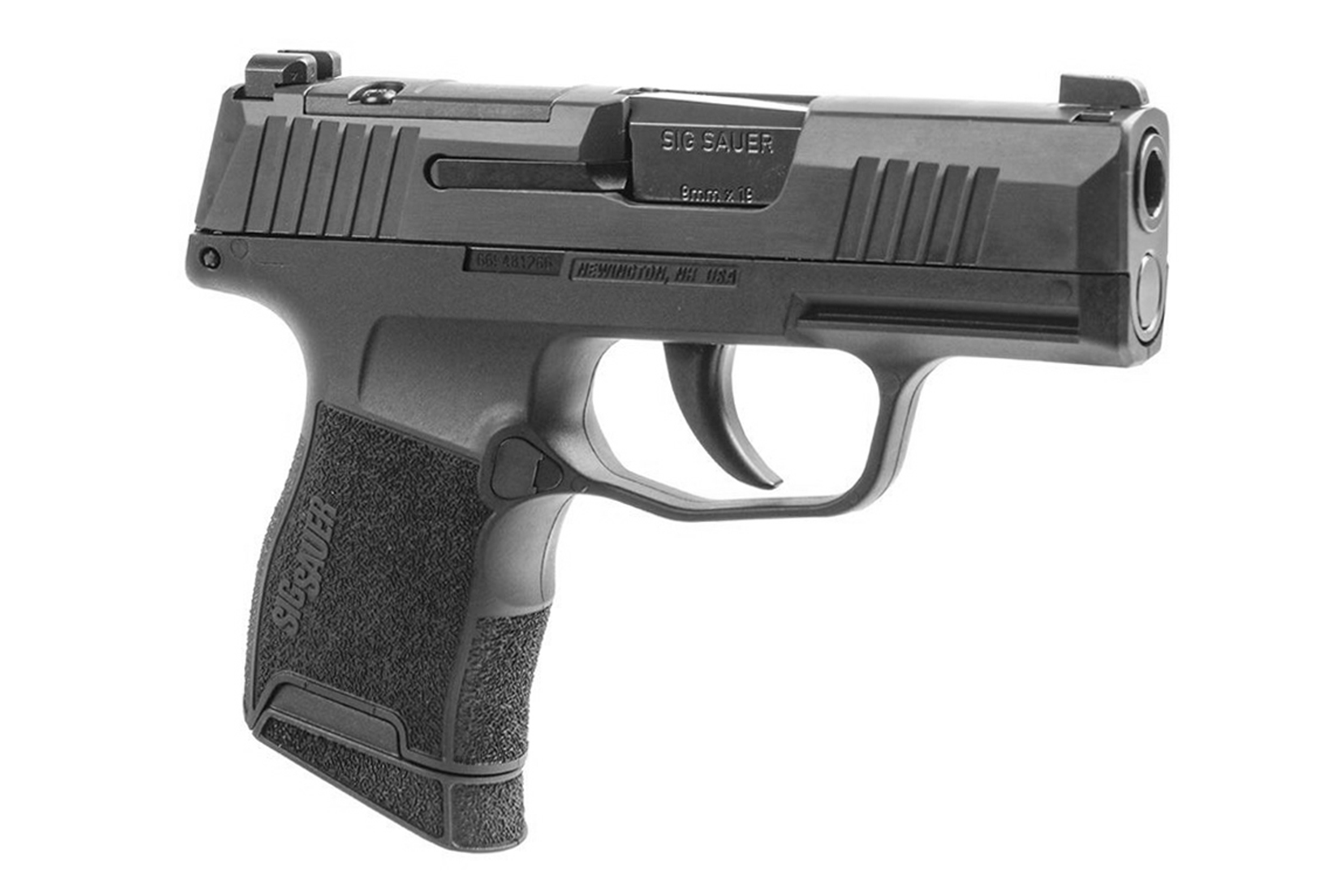 SIG Sauer P365 Luftpistole in Schwarz mit strukturiertem Griff und kompaktem Design für Schusswaffenliebhaber.