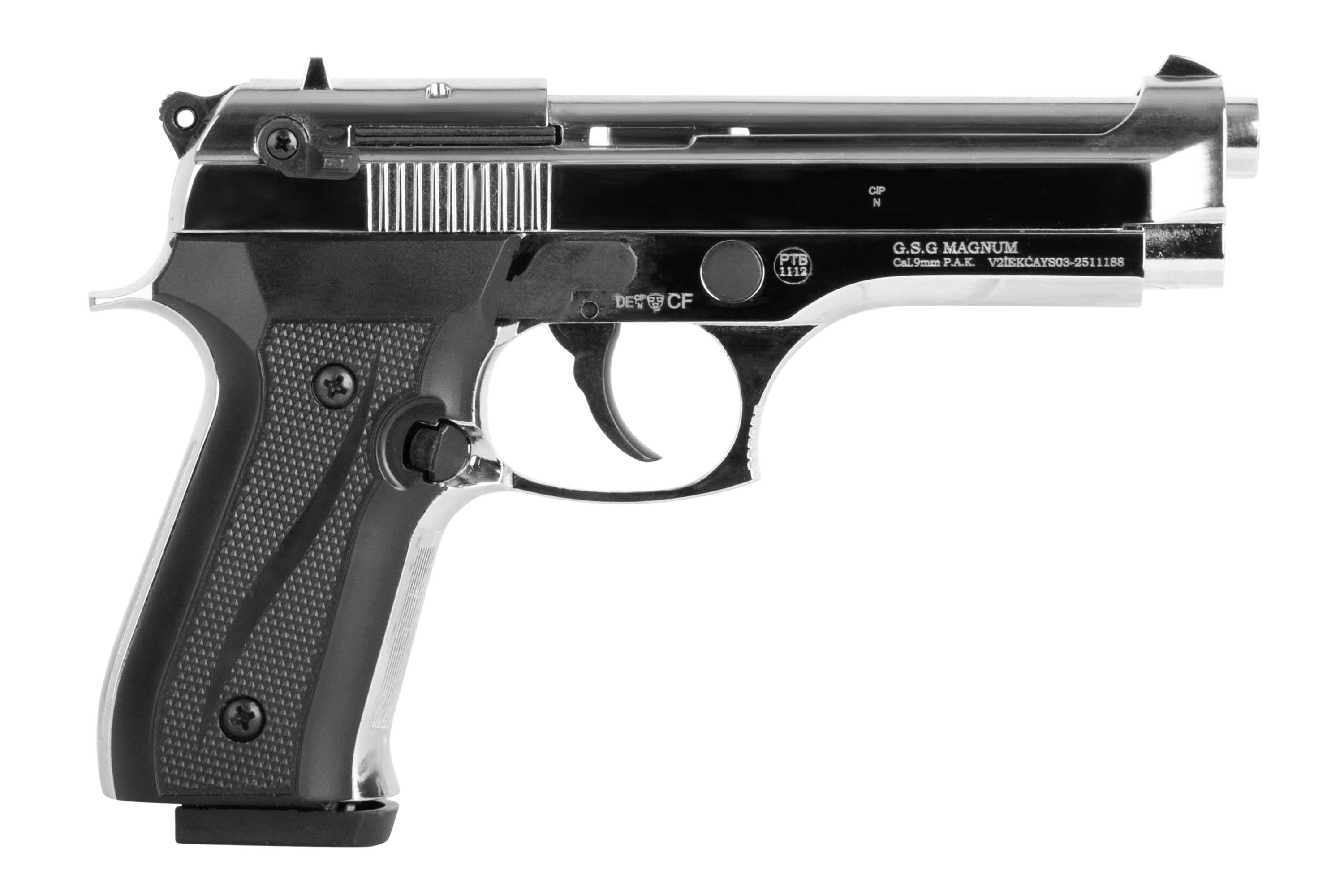 G.S.G Magnum-Luftpistole in Silber und Schwarz mit strukturiertem Griff und glatter Oberfläche.