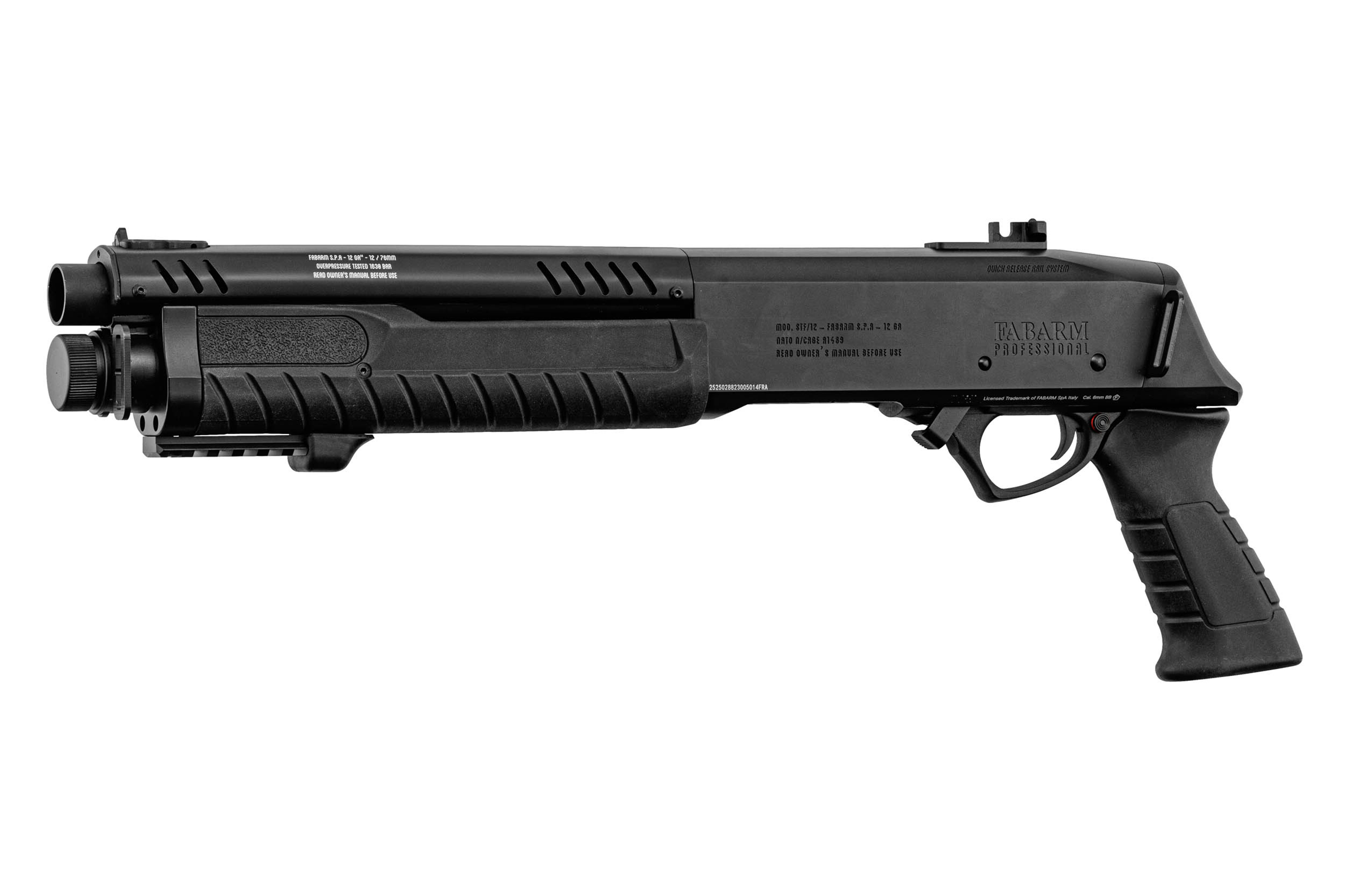 Fabarm Professional STF/12 Luftflinte in Schwarz mit taktischem Pistolengriff und langlebiger Polymerkonstruktion.
