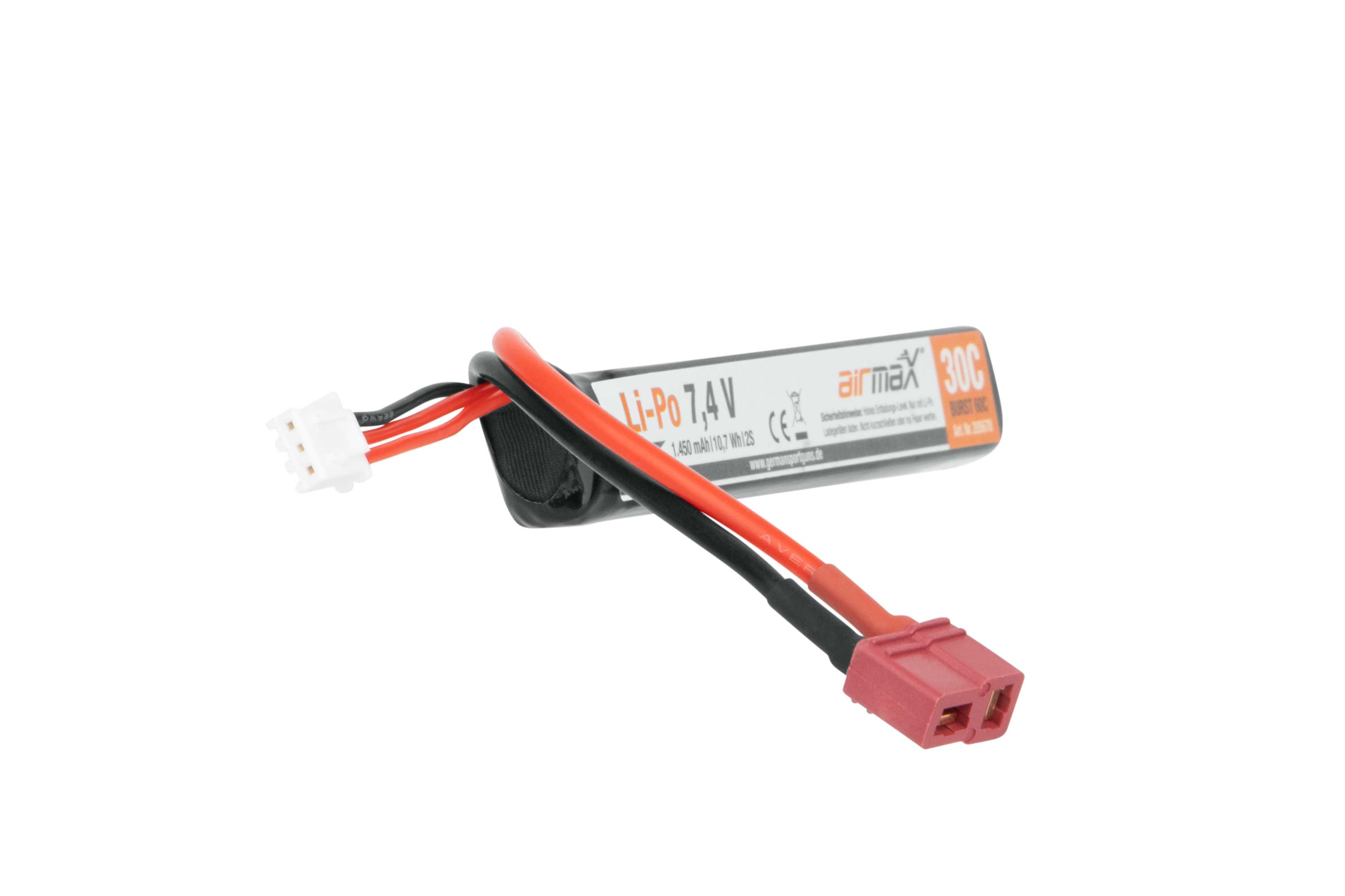 Airmax 7,4 V 1450 mAh Li-Po-Akku für Airsoft-Waffen mit T-Stecker-Anschluss und Balancekabel auf weißem Hintergrund.