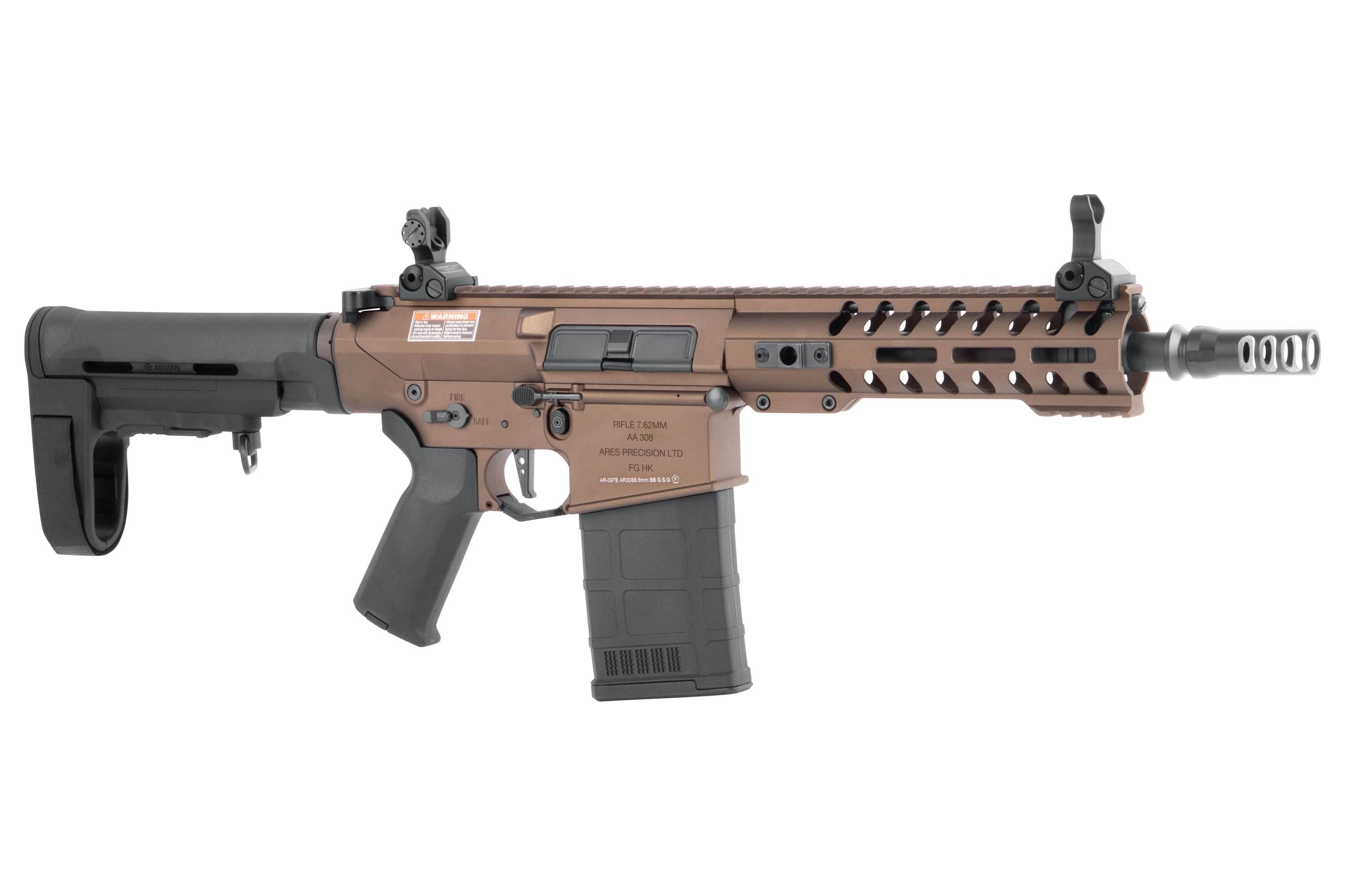 Ares Precision AR-308 Airsoft-Gewehr in Bronze und Schwarz, mit modularem Handschutz und verstellbarem Schaftdesign.