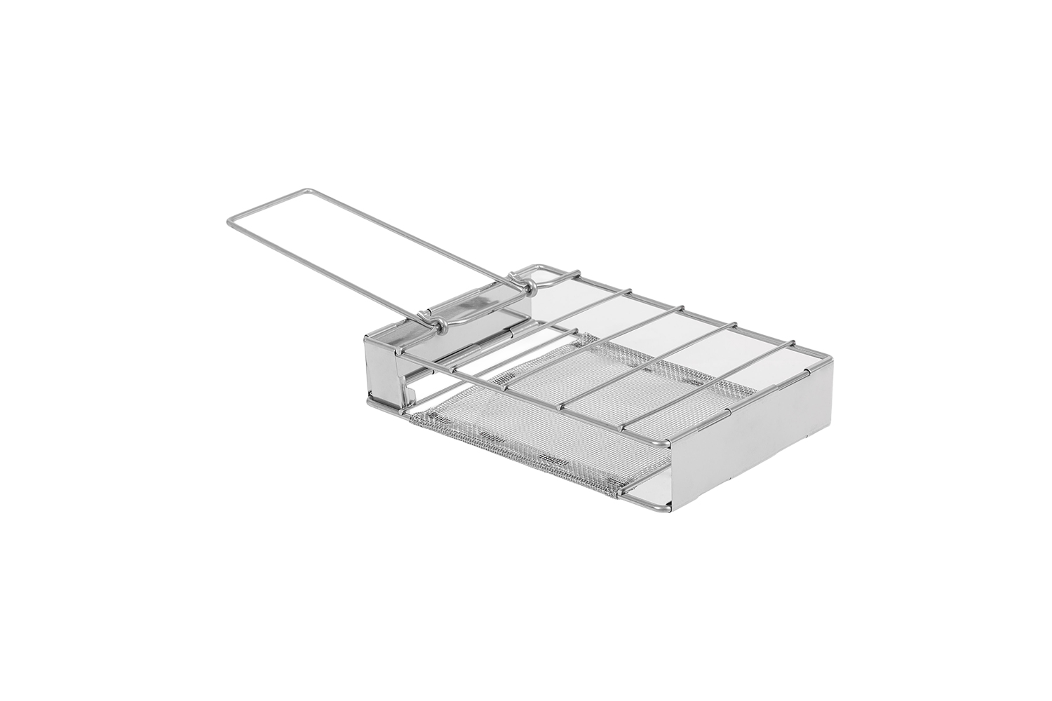 Eine silberne Zielfalle aus Metall für Luftgewehre im Drahtrahmendesign mit einer Netzrücklaufsperre auf weißem Hintergrund.