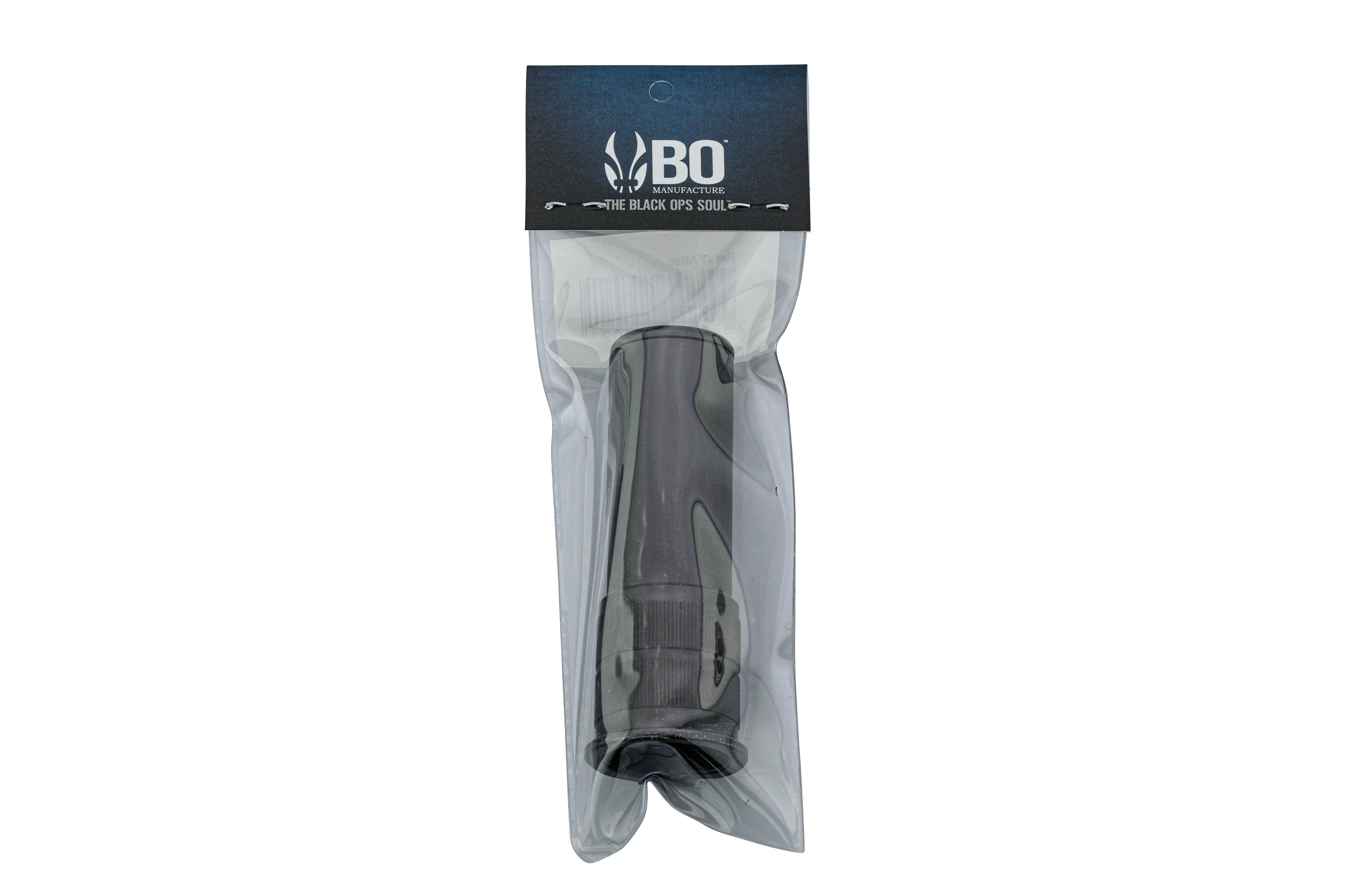 Schwarzes Airsoft-Schalldämpferzubehör von BO Manufacture in Original-Einzelhandelsverpackung aus Kunststoff mit Markenlogo auf der Kopfkarte.