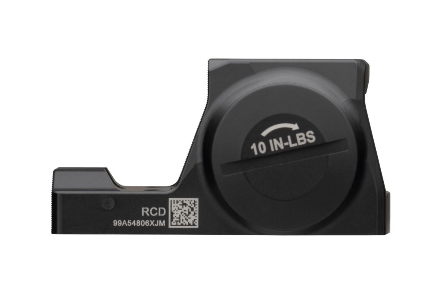 Schwarzer optischer Montagesockel aus Metall mit 10 IN-LBS-Drehmomentmarkierung, RCD-Text und einem QR-Code auf einem schlichten weißen Hintergrund.
