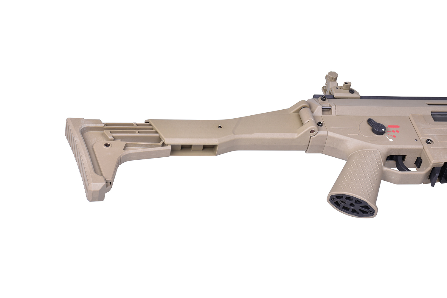 Hellbrauner Luftgewehrschaft und Pistolengriffdetails, mit verstellbarem Hinterschaft und strukturiertem ergonomischem Griff.