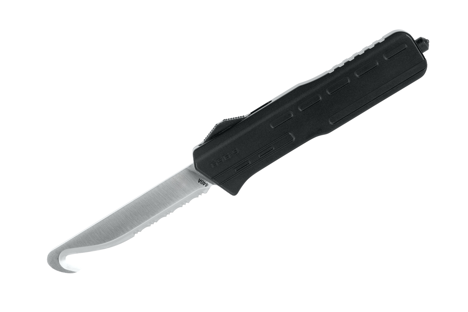 Schwarzes automatisches Out-the-Front-Messer mit einer Darmhakenklinge aus 440A-Stahl, gezahnter Schneide und ergonomisch strukturiertem Griff.