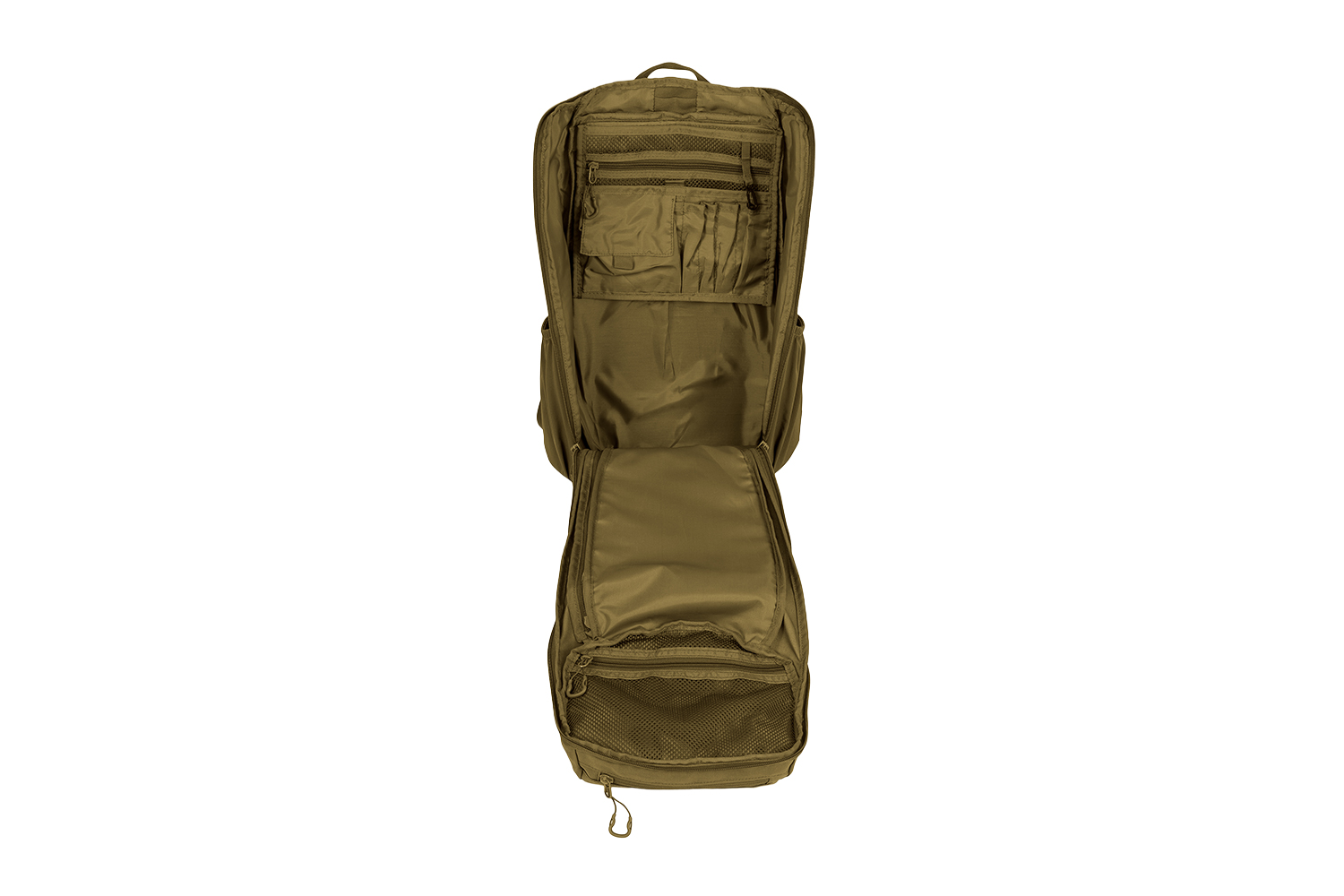 Offener taktischer Rucksack in Kojotenbraun mit internen Netztaschen, Organizern und Fächern zur Aufbewahrung der Ausrüstung.