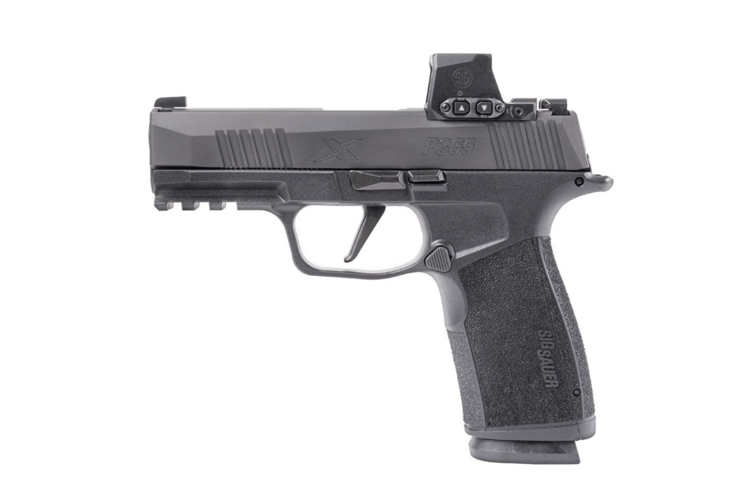 Schwarze Sig Sauer P365 X-Series-Pistole mit montierter Red-Dot-Optik, strukturiertem Griff und Zubehörschiene.