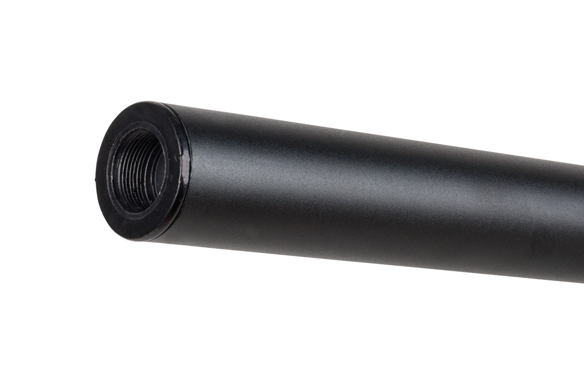Schwarze Luftgewehr-Laufverlängerung mit Gewinde für präzises Schießen, mit langlebiger, matter Oberfläche und Metalldesign.