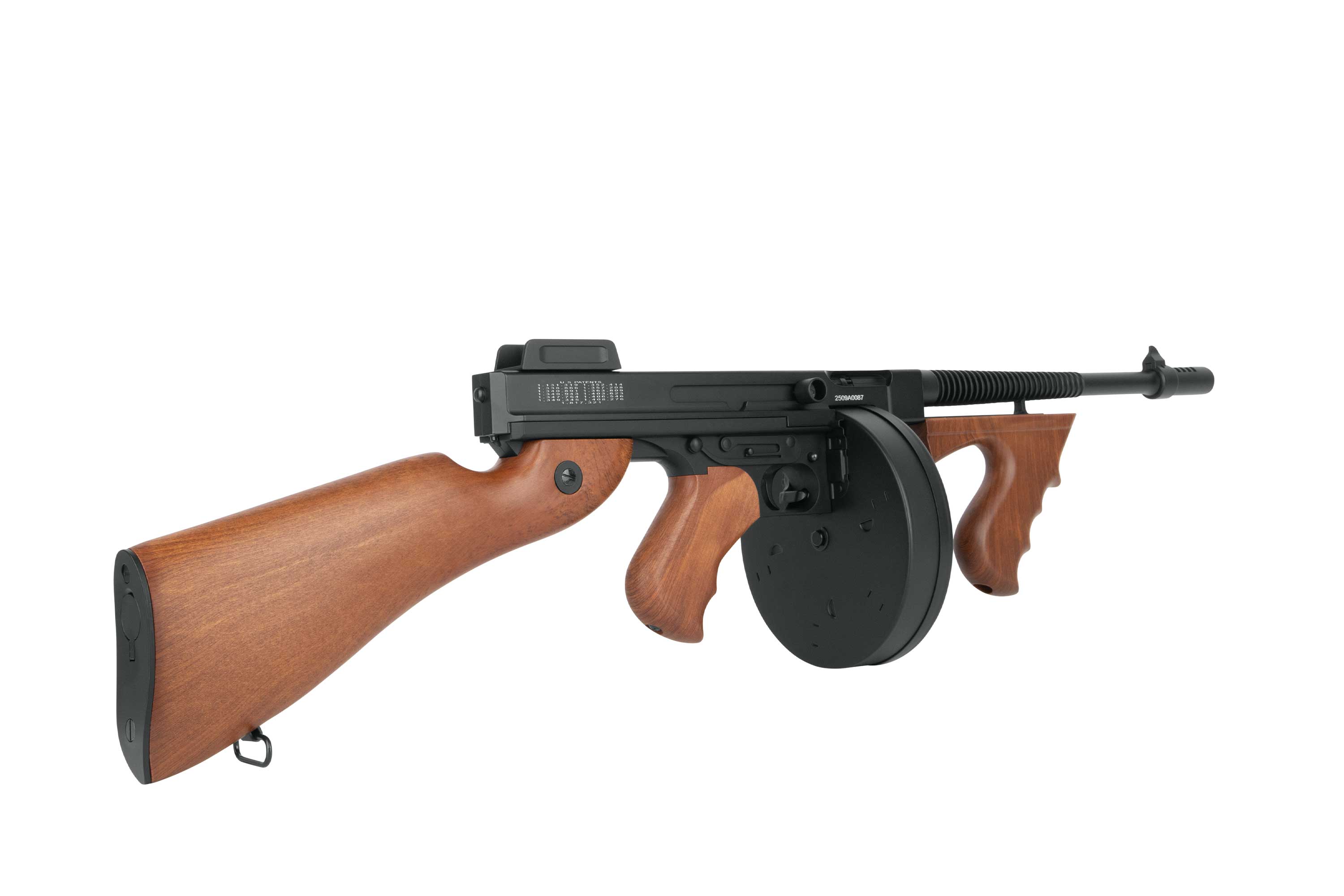 Thompson-Maschinenpistolen-Luftgewehr mit schwarzem Metallrahmen, Trommelmagazin und realistischem Holzschaft und Griffen.