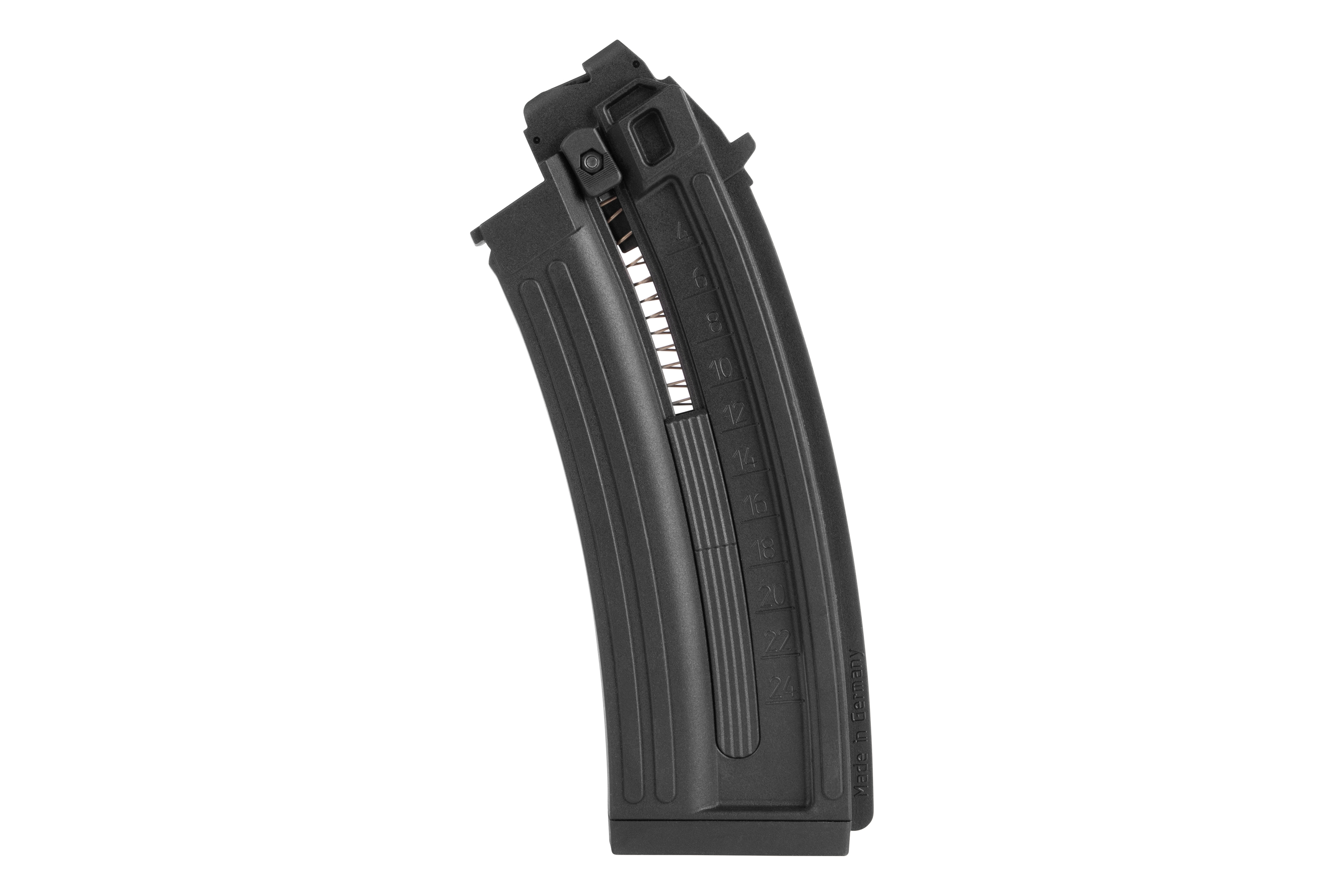 Schwarzes Polymermagazin für Schusswaffen mit 24-Schuss-Kapazitätsanzeige und Feder- und Mitnehmermechanismus.
