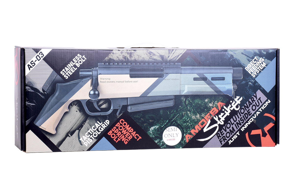 Amoeba AS-03 Airsoft-Waffenverpackung mit Edelstahlbolzen und taktischem Design.