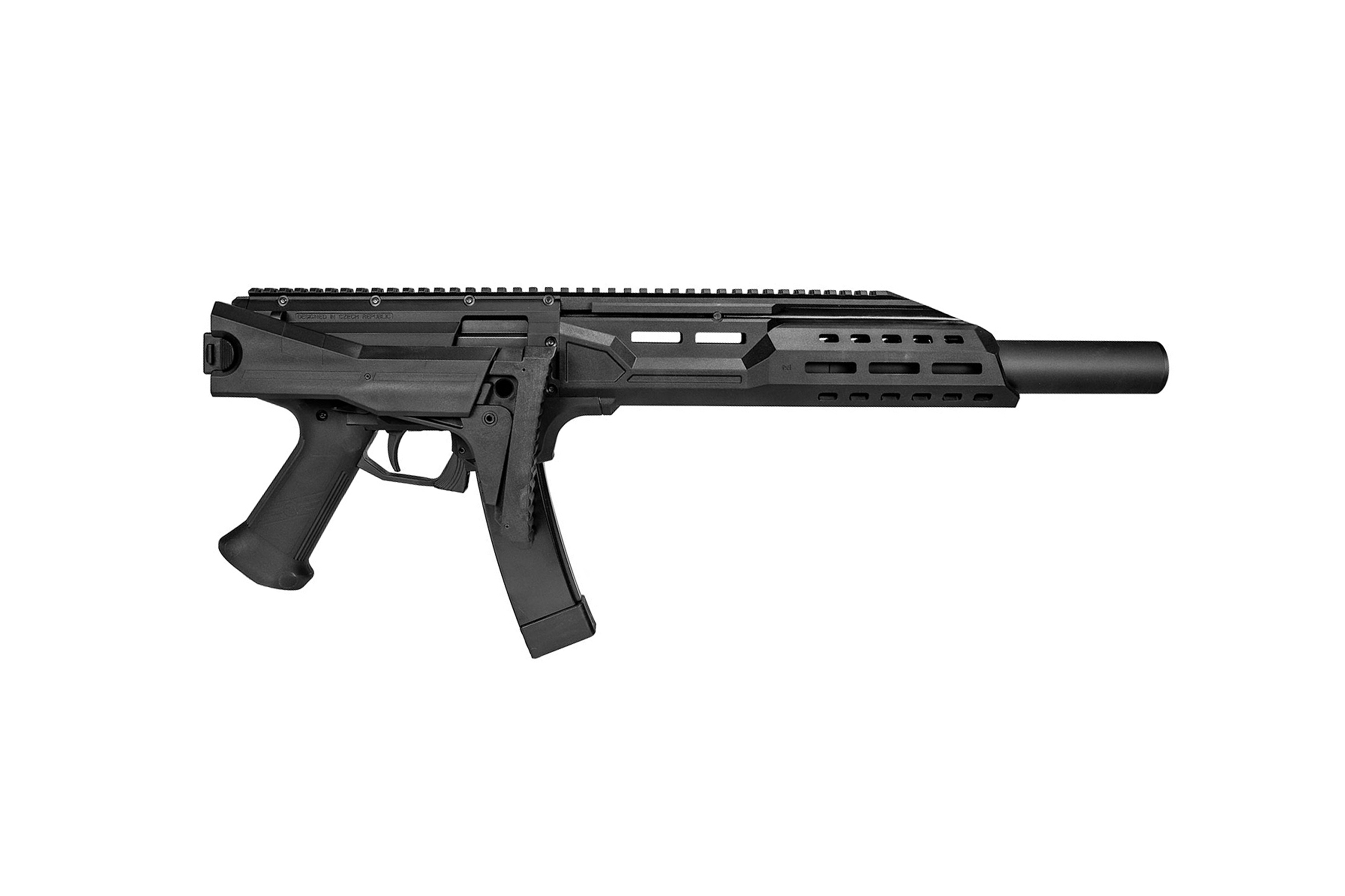 Schwarzes CZ Scorpion EVO 3 S1 Karabiner-Airsoftgewehr mit taktischem Handschutz, Klappschaft und integrierter Schiene.