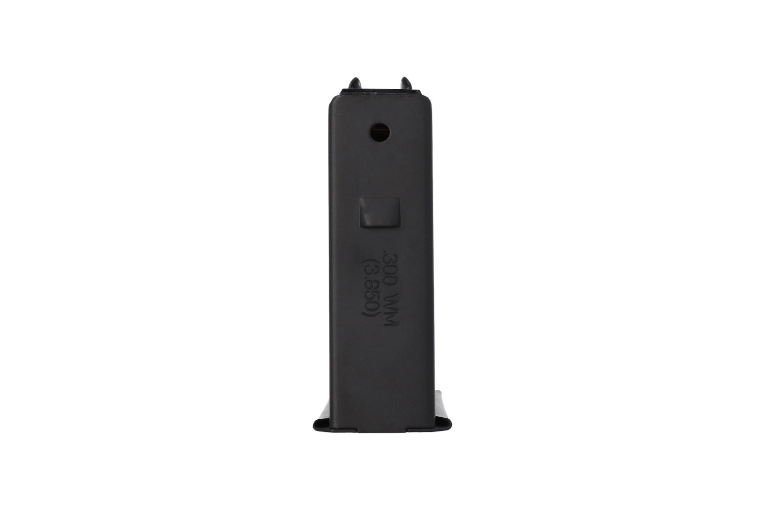 Schwarzes Waffenmagazin aus Metall für Munition im Kaliber .300 WM mit rechteckigem Design auf weißem Hintergrund.