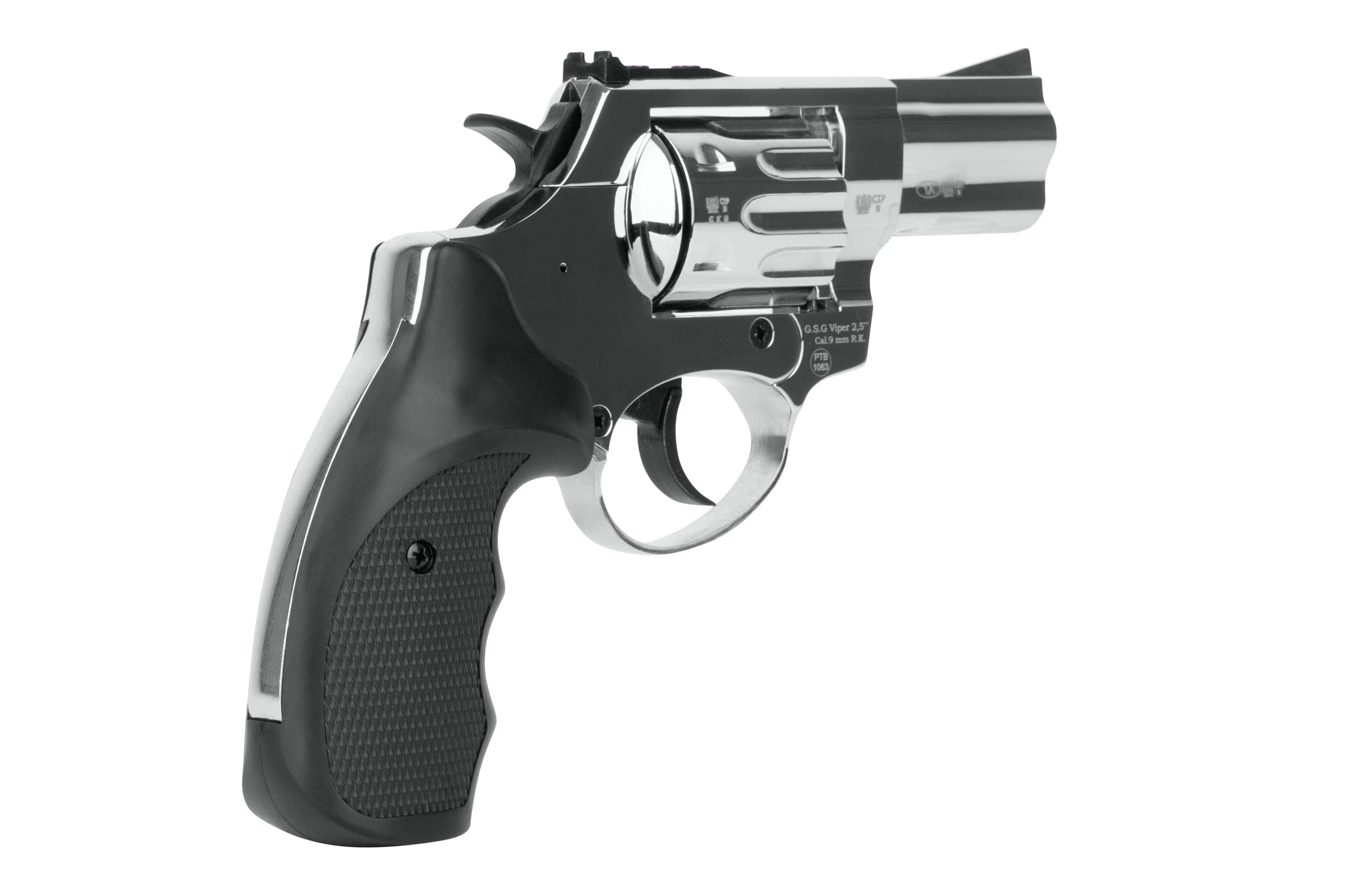 GSG Viper 2,5-Zoll-Chrom-Gasrevolver mit schwarzem, strukturiertem Griff und 9 mm R.K. Kaliber auf weißem Hintergrund.