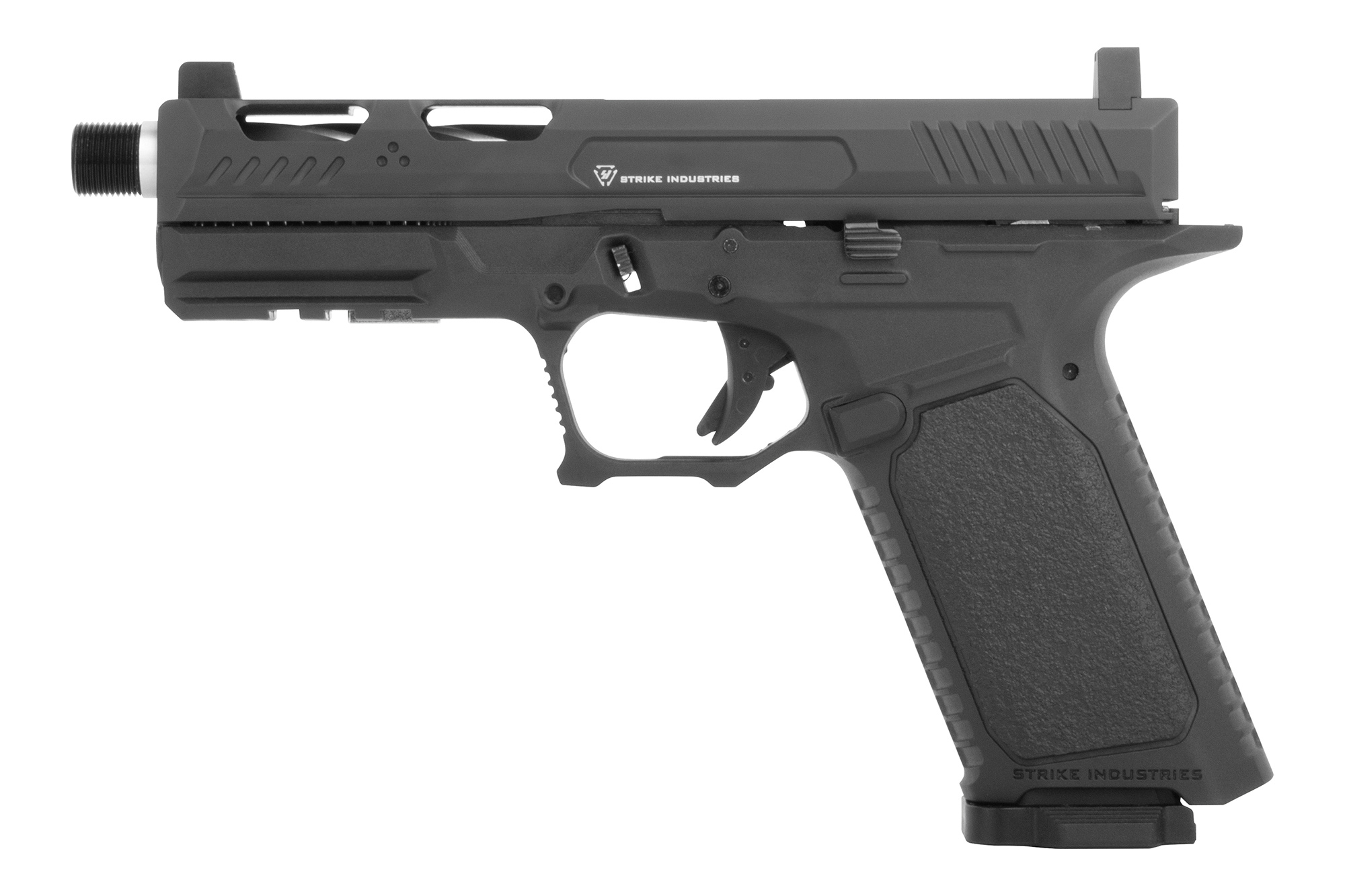 Strike Industries Luftpistole in Mattschwarz mit ergonomischem Griff und taktischem Design.