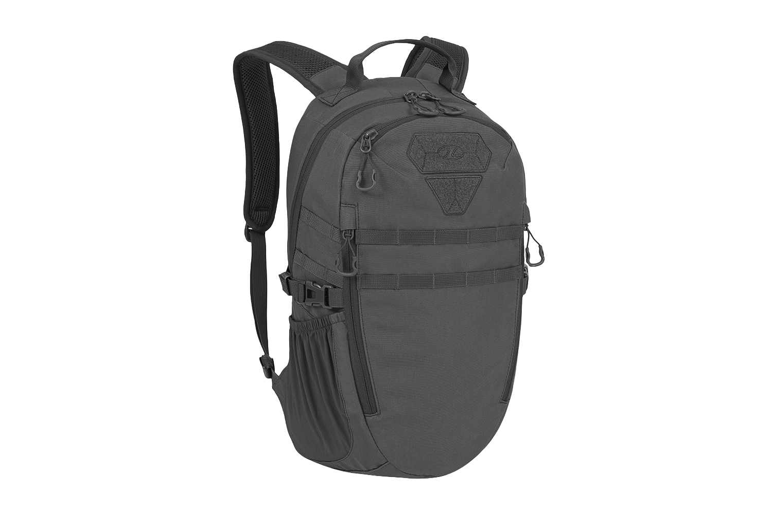 Ein robuster, dunkelgrauer taktischer Rucksack mit MOLLE-Gurtband, mehreren Reißverschlussfächern und gepolsterten Schultergurten.