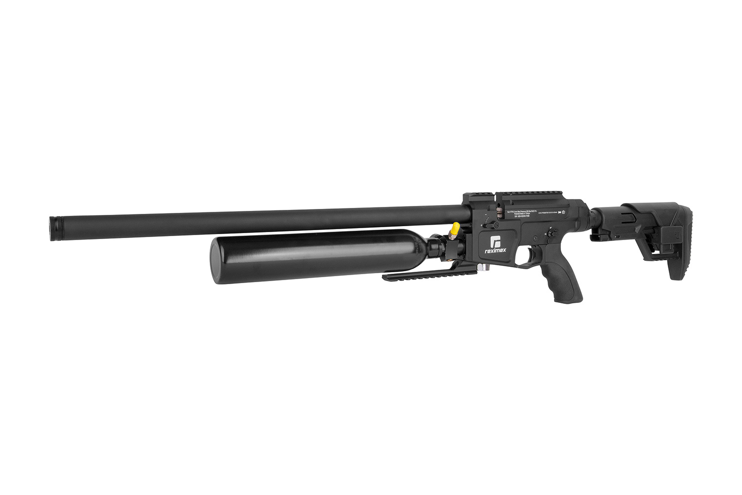 Roximex-Luftgewehr mit elegantem schwarzem Design, langem Lauf und verstellbarem Schaft für präzises Schießen.