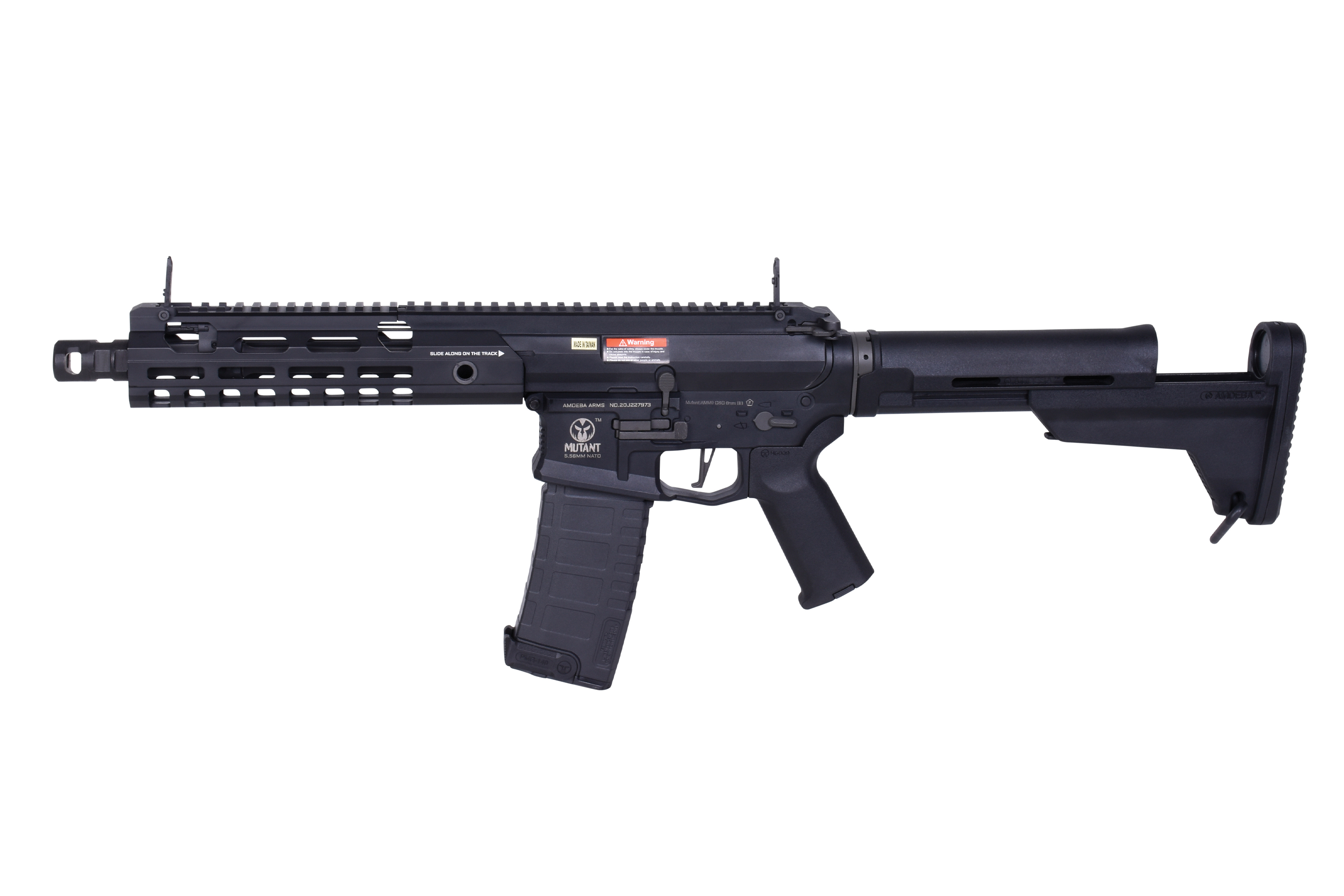 Schwarzes Airsoft-Gewehr Ares Amoeba Mutant mit modularem Handschutz, verstellbarem Schaft und taktischen Designelementen.