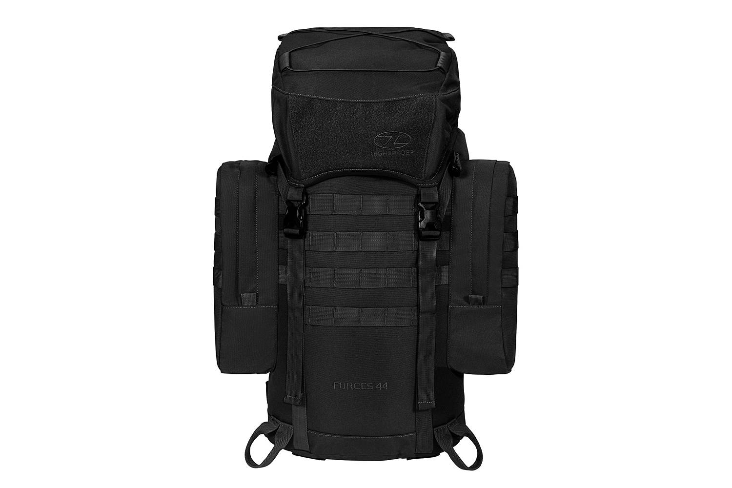 Schwarzer taktischer Highlander Forces 44-Rucksack mit MOLLE-Gurtband, Seitentaschen und verstellbaren Trägern auf weißem Hintergrund.