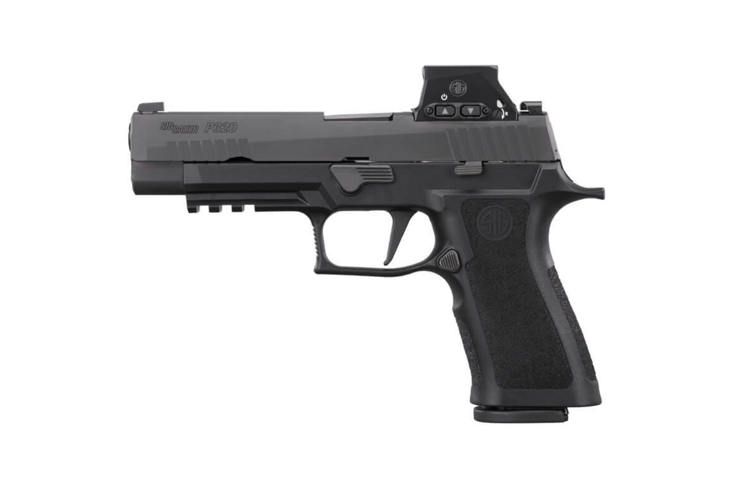 Sig Sauer P320 Luftpistole in Schwarz mit Leuchtpunktvisier, ergonomischem Griff und taktischem Design.