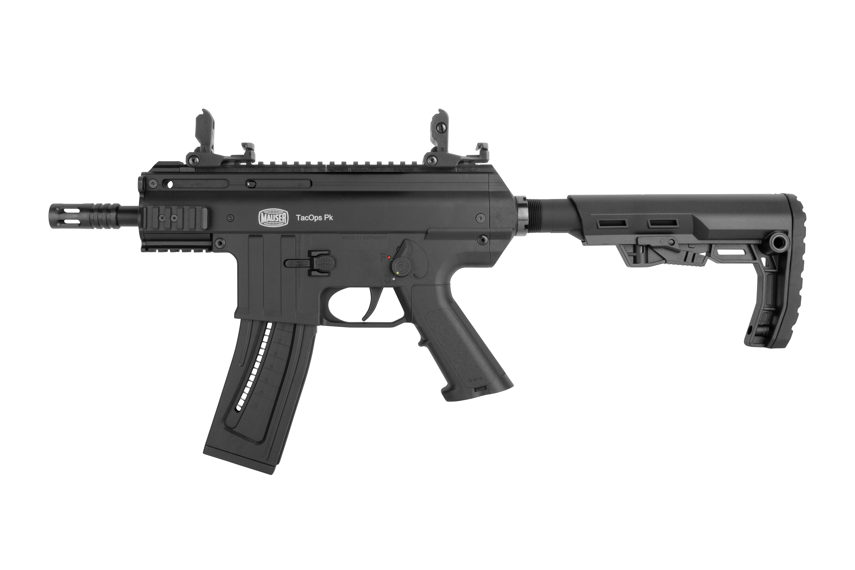 Mauser TacOps Pk Luftpistole in Schwarz mit verstellbarem Schaft und taktischen Funktionen.