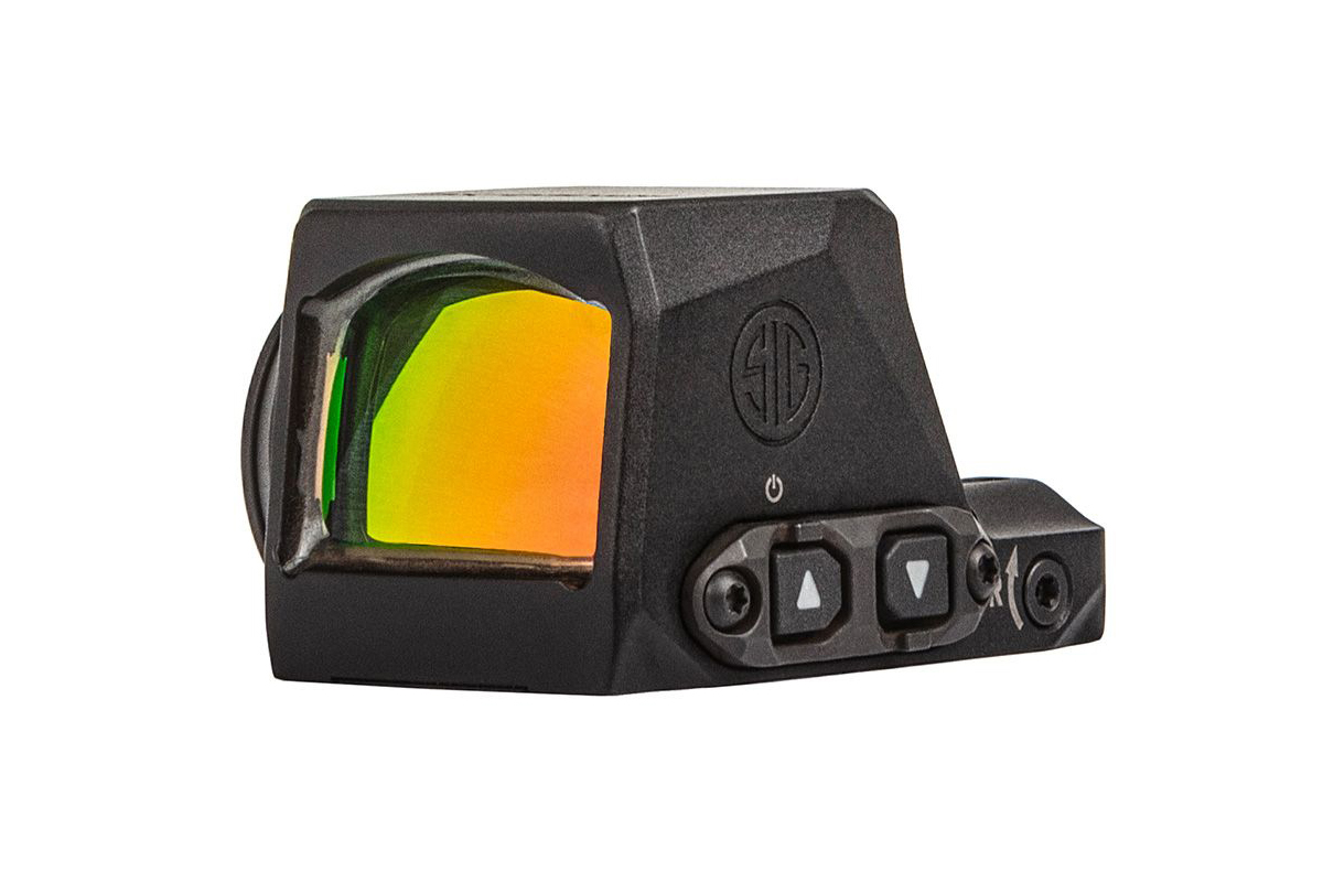 Schwarzes Leuchtpunktvisier Sig Sauer ROMEO-X Pro mit reflektierender Linse und seitlich angebrachten Einstellknöpfen auf weißem Hintergrund.