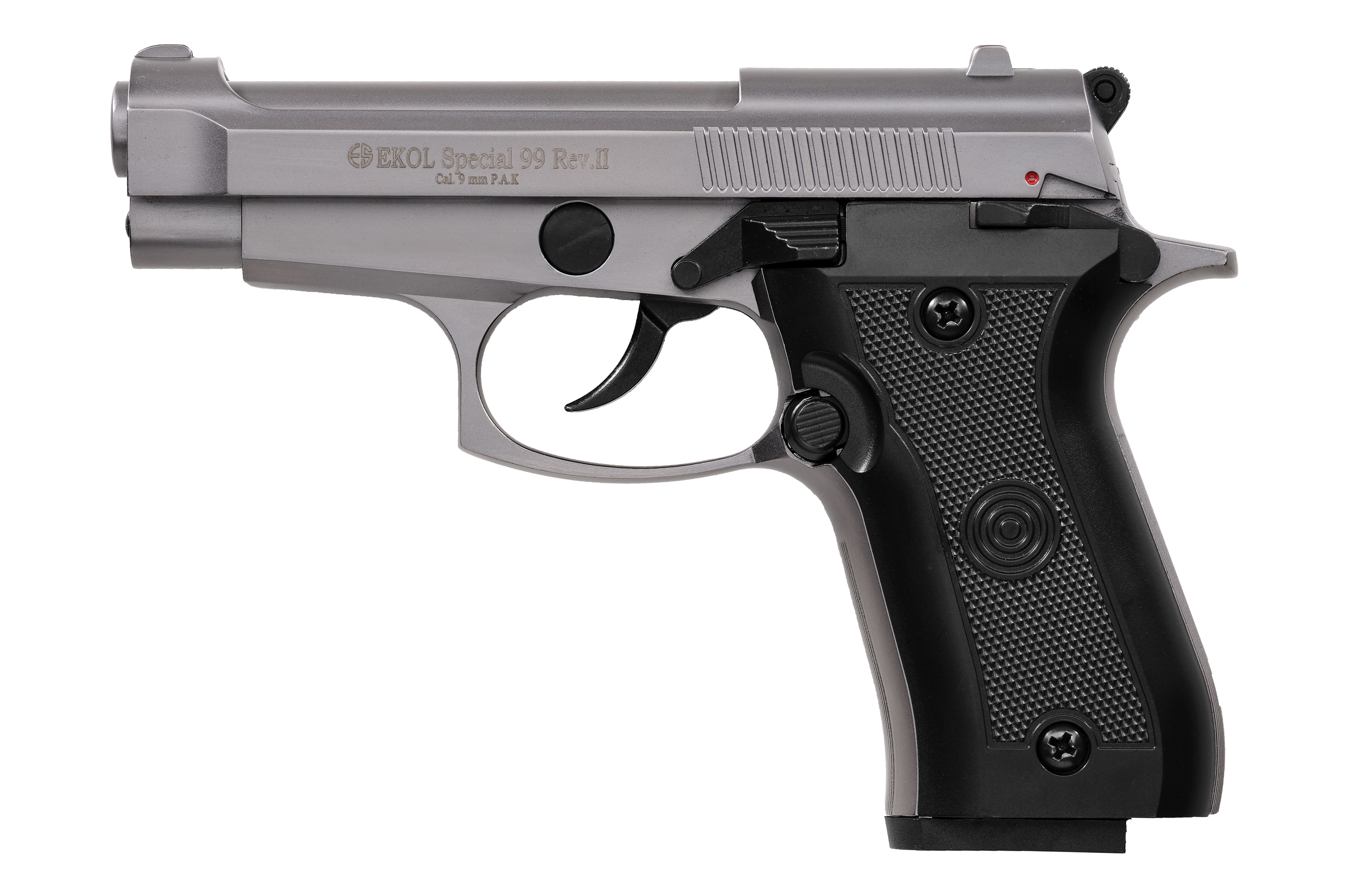 Seitenansicht der Schreckschusspistole Ekol Special 99 Rev.II im Titan-Finish mit schwarz strukturierten Griffschalen.