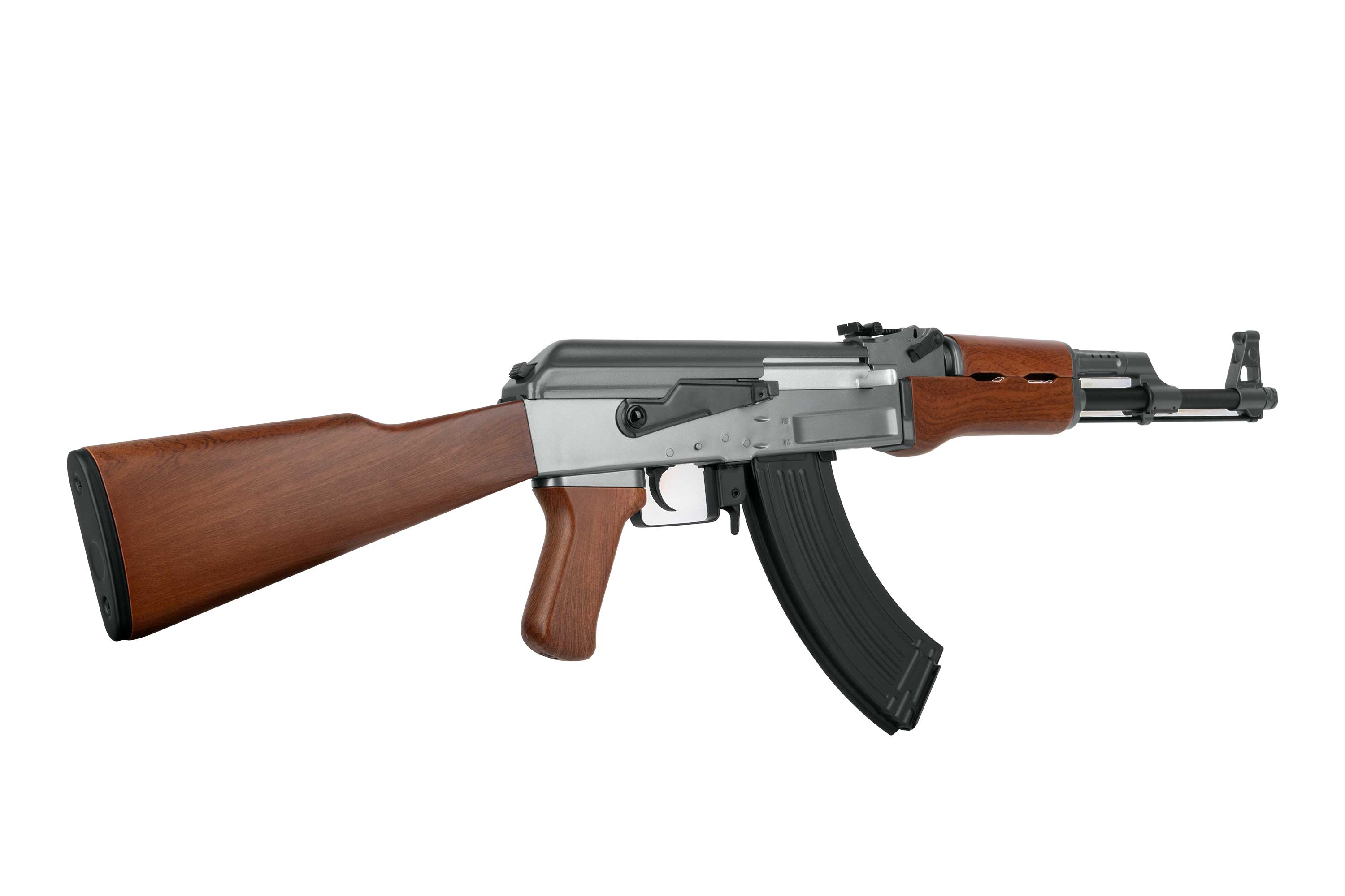 Klassisches AK-47-Luftgewehr mit realistischem Schaft, Griff, Handschutz und einem robusten Gehäuse aus schwarzem Metall in Holzoptik.