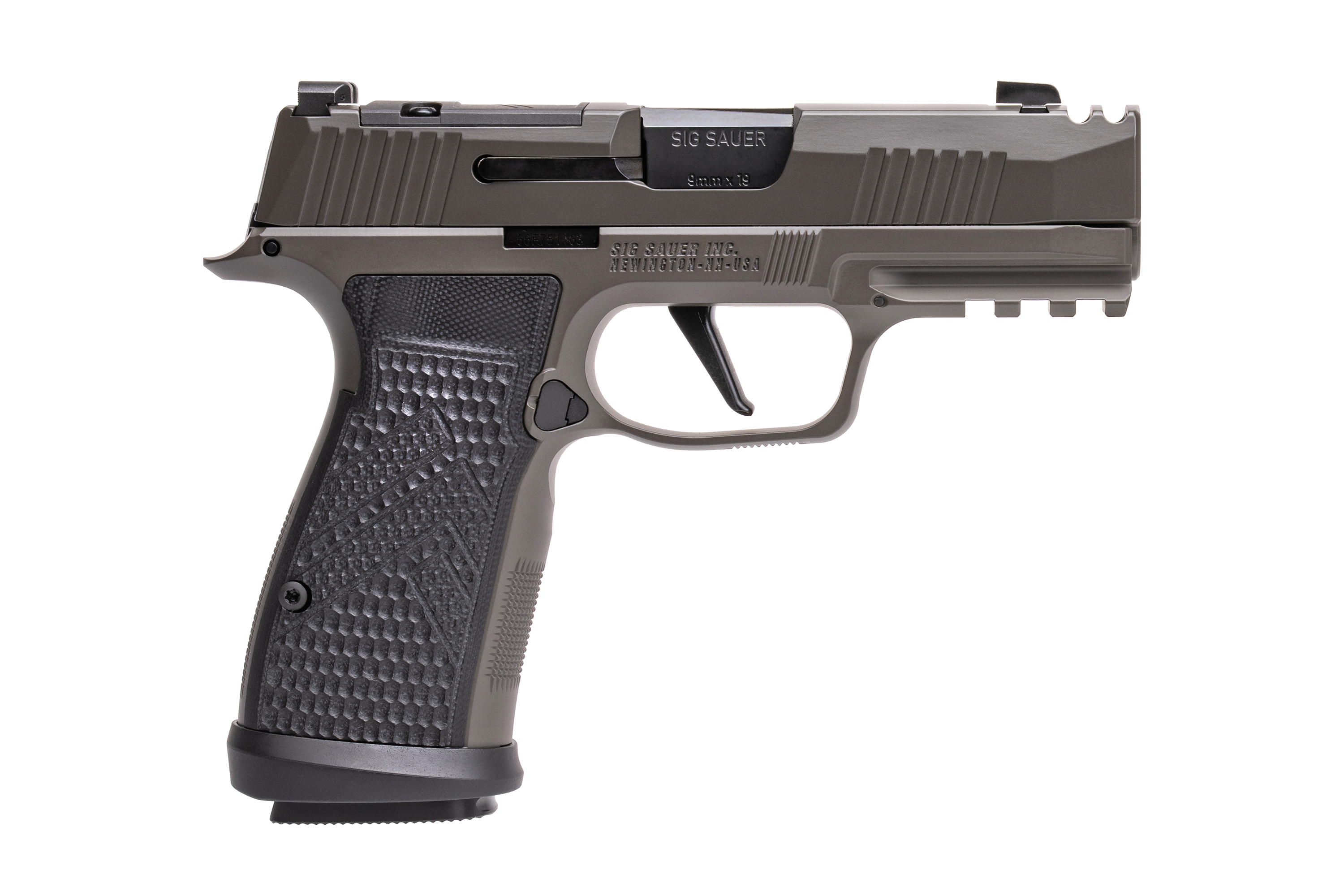 SIG Sauer P365 Luftpistole in Grau mit strukturiertem Griff und Zubehörschiene für Schusswaffenliebhaber.