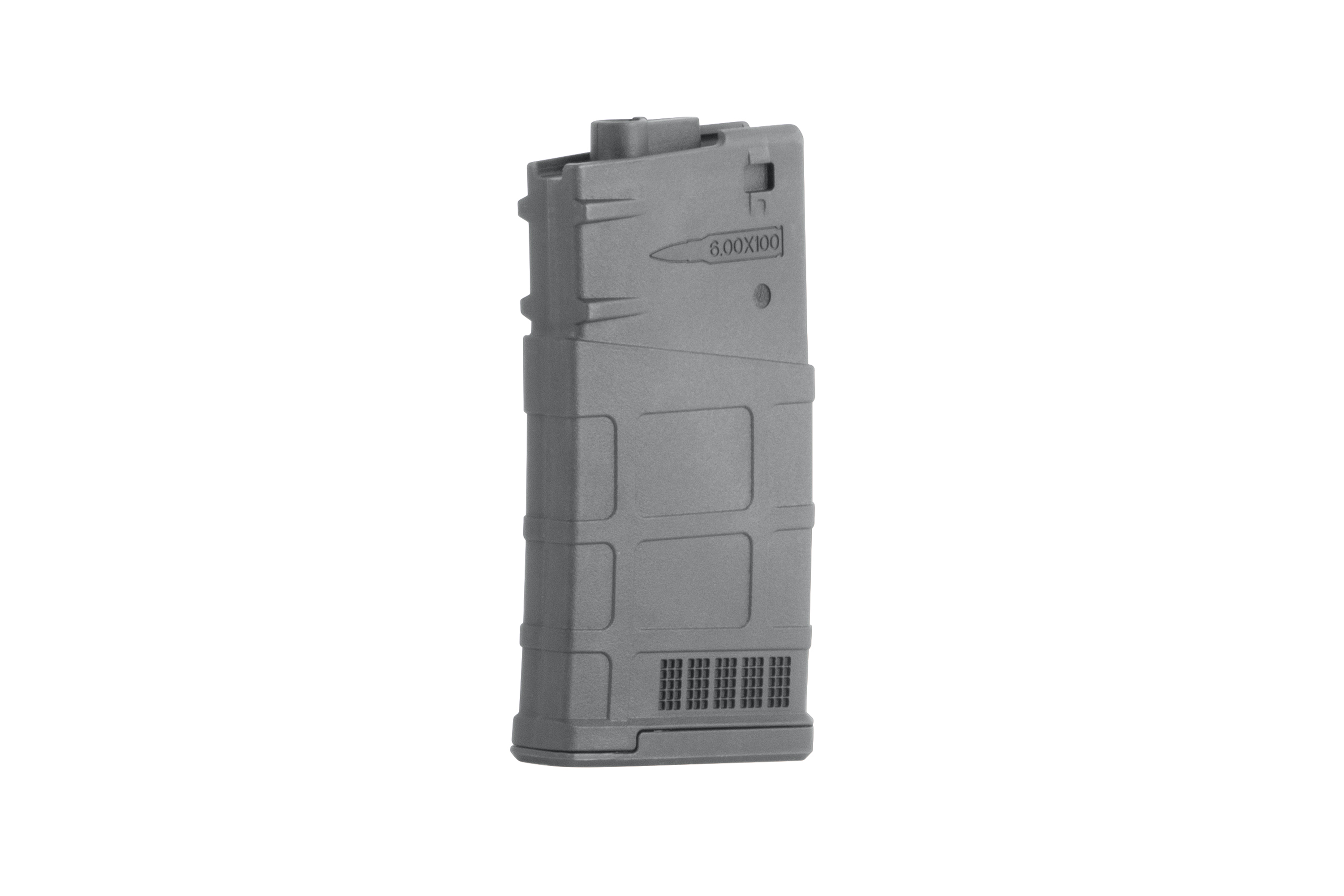 Ein graues Polymer-Airsoft-Magazin für 6-mm-BBs mit strukturierter Griffoberfläche und langlebiger Konstruktion für Luftgewehre.