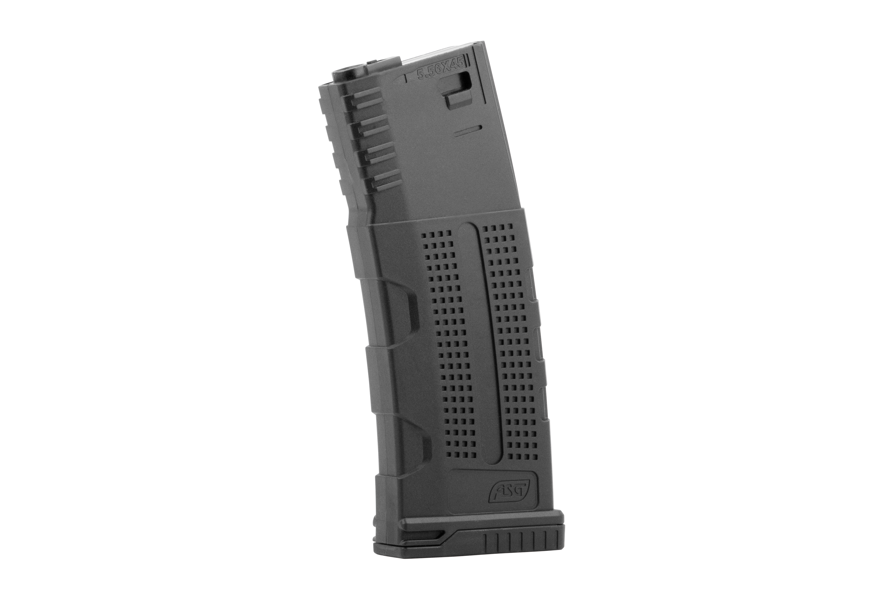 Schwarzes ASG-Polymermagazin für Airsoft-Gewehre mit strukturierter Griffoberfläche und seitlicher Kalibermarkierung 5,56 x 45.