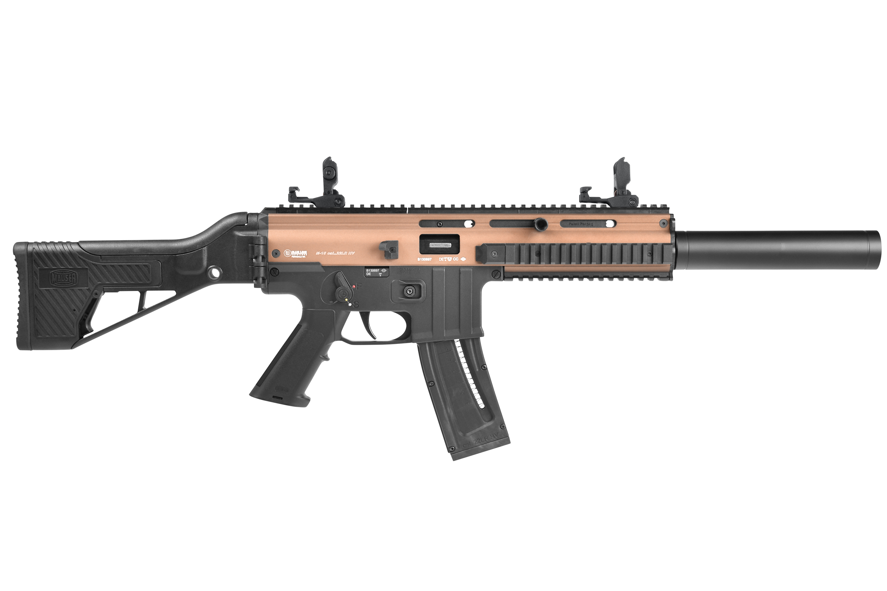 Umarex H&K MP5 A5 Luftgewehr in Schwarz und Bronze mit verstellbarem Schaft und taktischer Schiene.