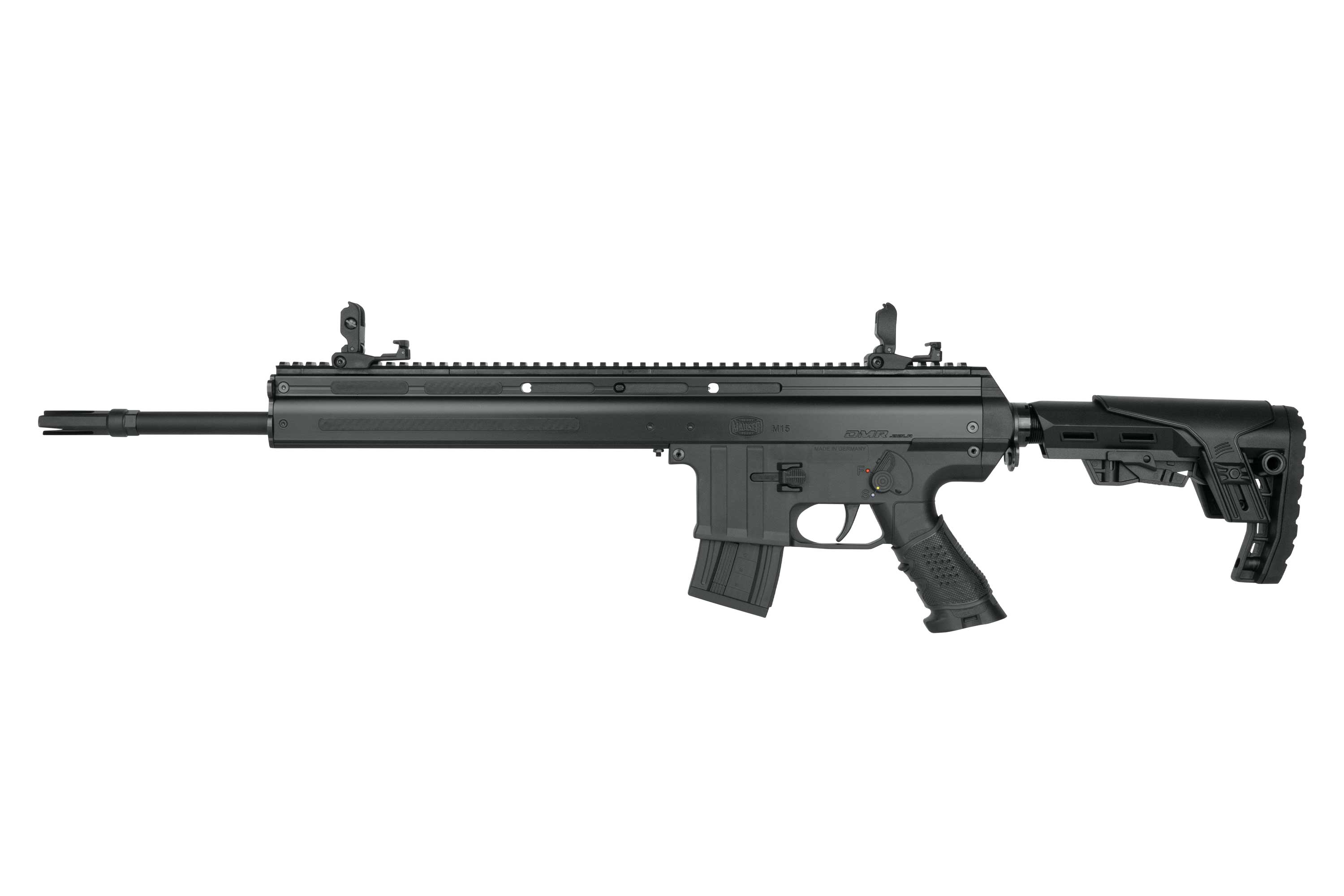 Schwarzes Luftgewehr Umarex HK416 DMR mit langem Lauf, verstellbarem Schaft und Oberschiene, isoliert auf weißem Hintergrund.