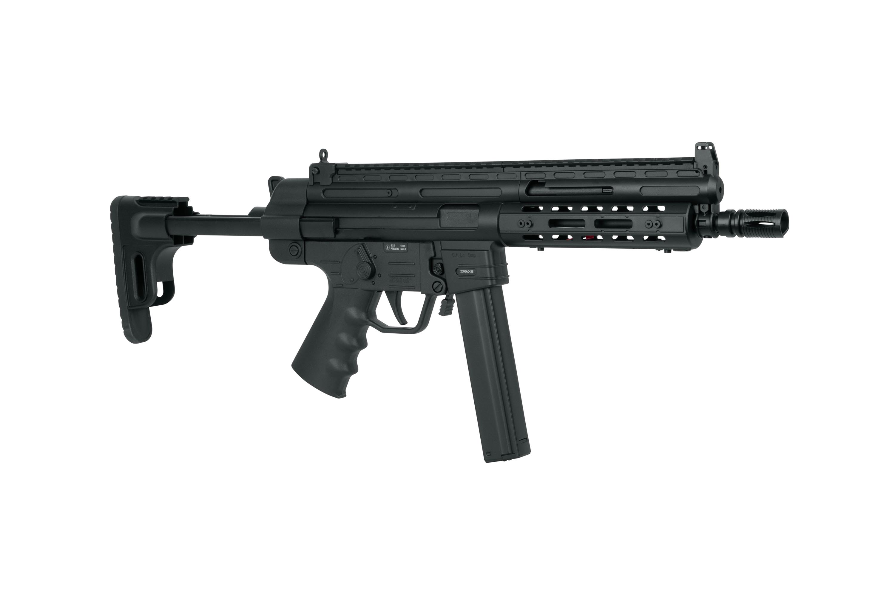 Schwarzes Luftgewehr mit verstellbarem Schaft, taktischer Schiene und ergonomischem Griff für verbesserte Schussleistung.