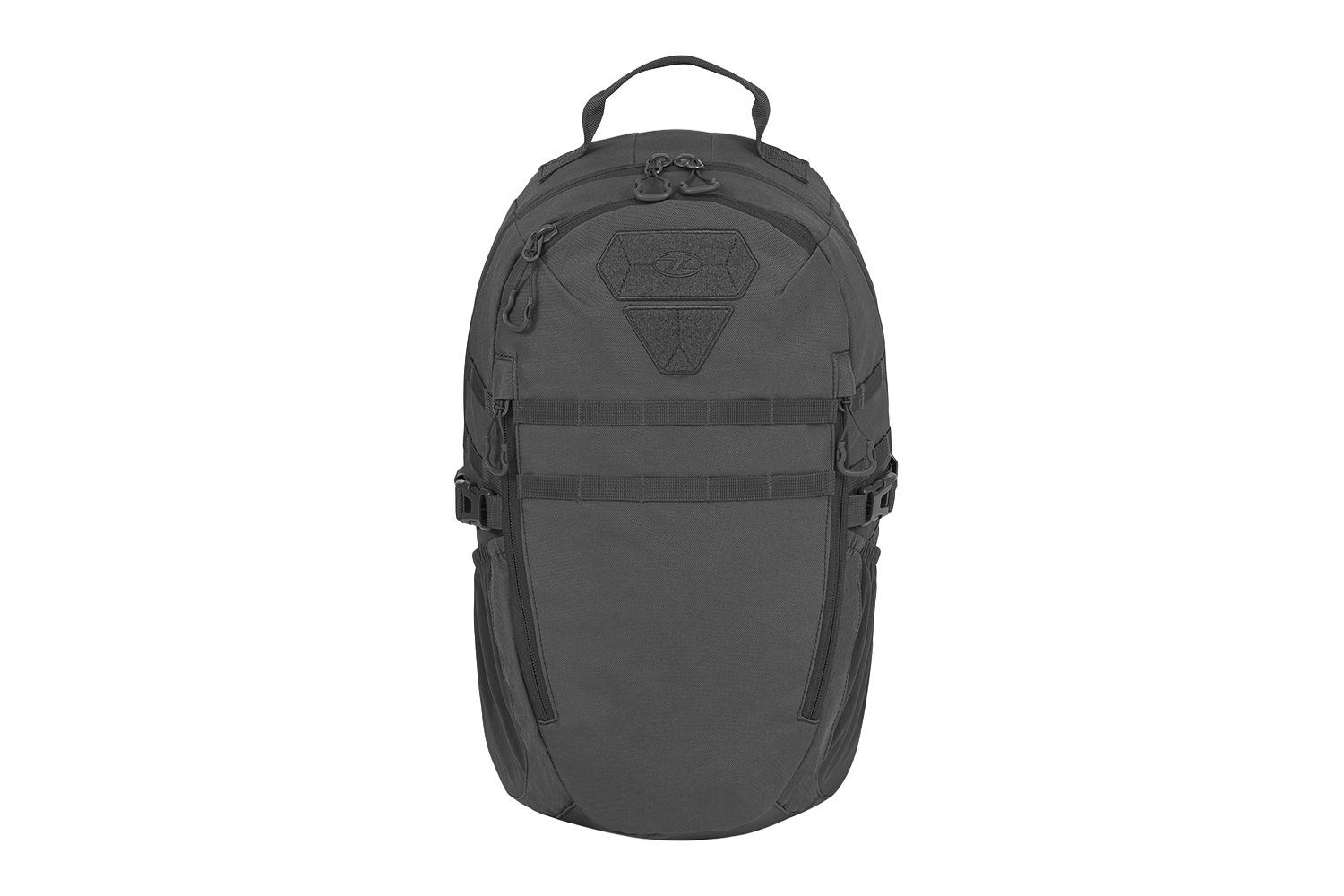 Ein taktischer grauer Rucksack mit MOLLE-Gurtband, robusten Reißverschlüssen und einem Tragegriff oben, ideal für Outdoor-Ausrüstung und -Ausrüstung.