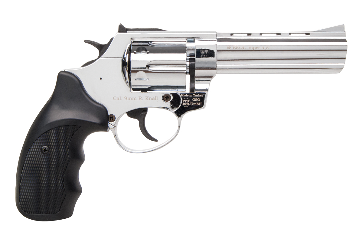 Chrome Ekol Viper 4,5 Zoll Gasrevolver im Kaliber 9 mm R. Knall mit schwarzem strukturiertem Griff, isoliert auf weißem Hintergrund.