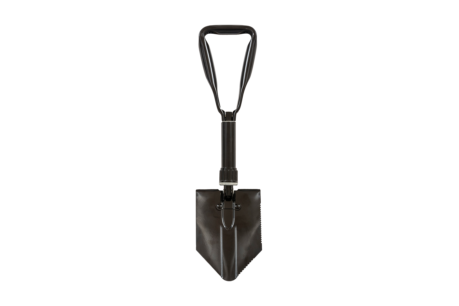 Eine schwarze, faltbare taktische Schaufel mit dreieckigem Griff, ideal für Outdoor-Aktivitäten, Camping und den Feldeinsatz.
