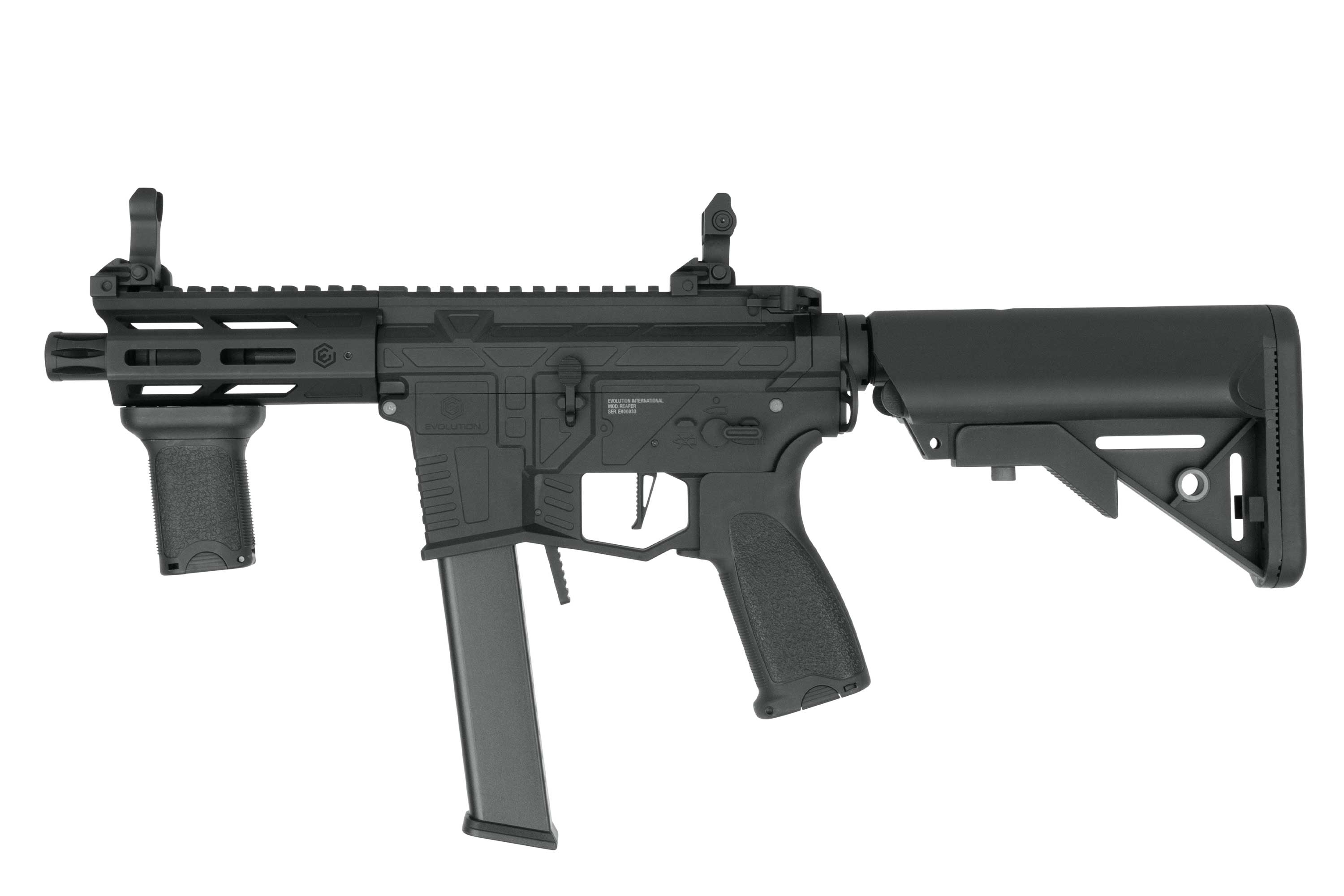 Black Evolution International Airsoft-Karabiner mit taktischem Handschutz, vertikalem Griff und verstellbarem Schaftdesign.