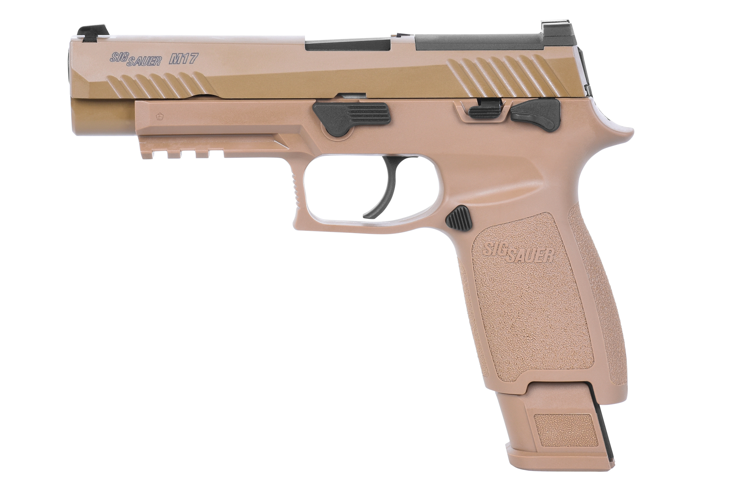 Seitenansicht einer hellbraunen Sig Sauer M17-Luftpistole mit Polymerrahmen, Metallschlitten und integriertem Zubehörschienensystem.