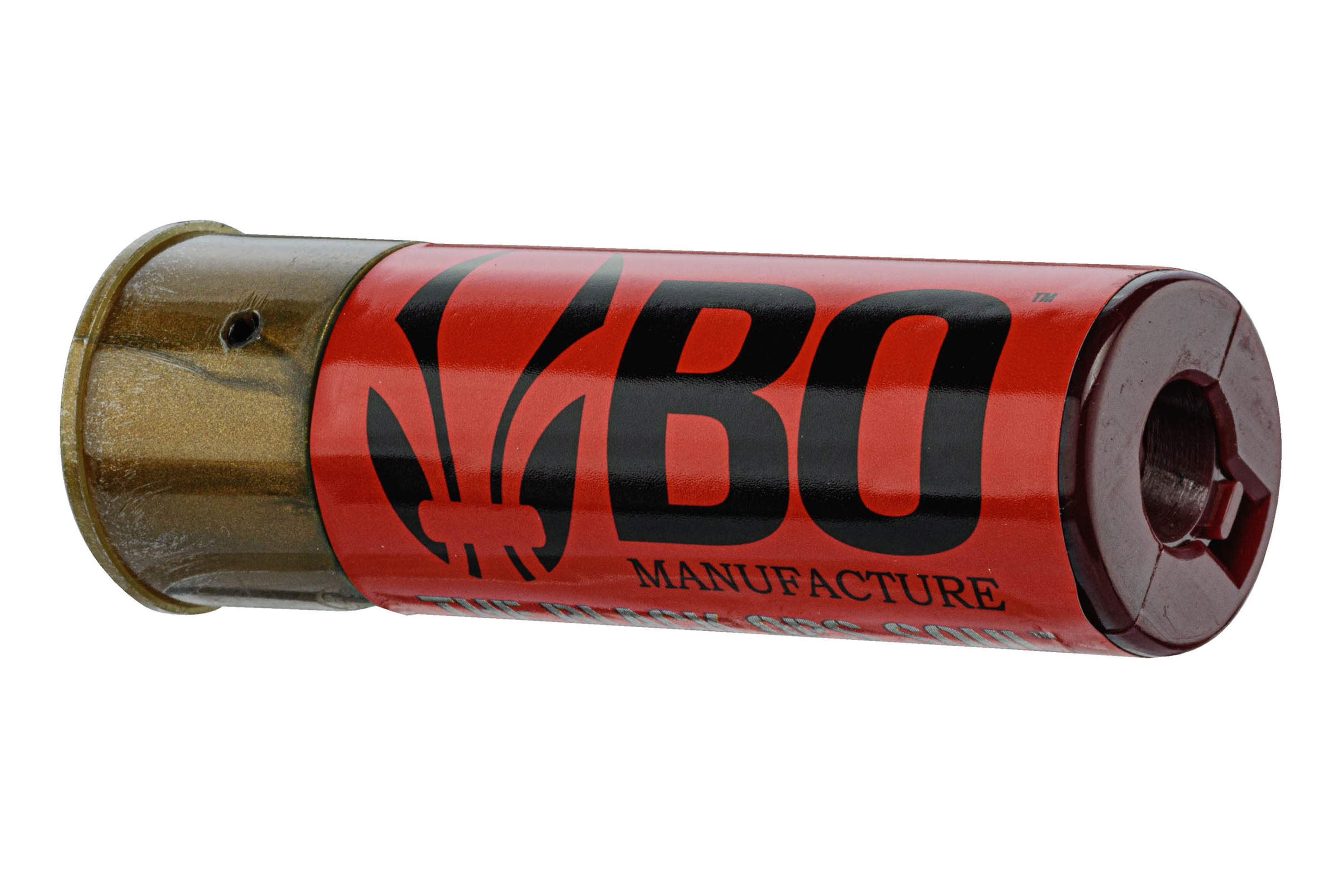 BO Manufacture rot-goldenes Schrotpatronengehäuse mit schwarzem Branding, isoliert auf einem sauberen weißen Hintergrund.