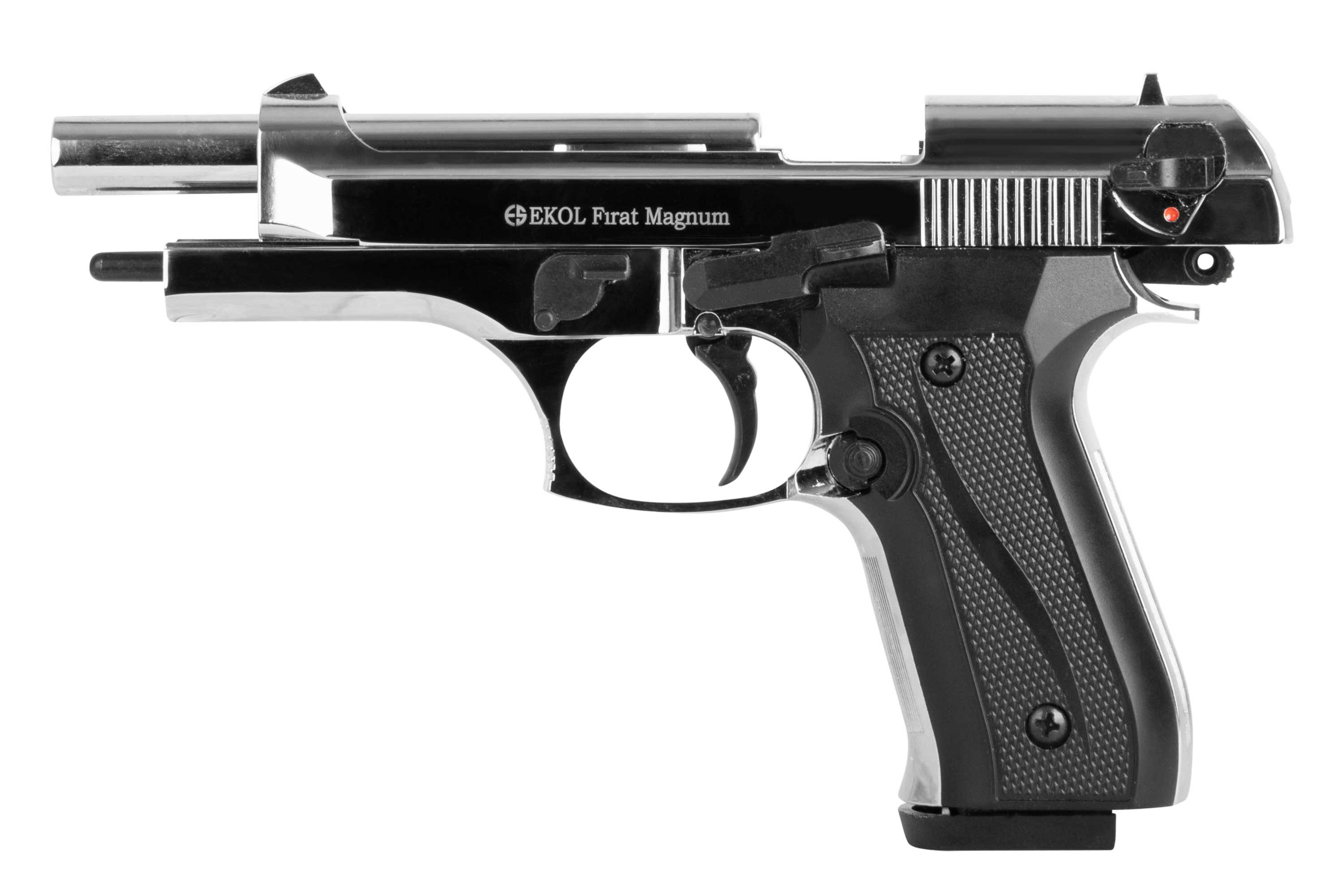 Ekol Firat Magnum Luftpistole mit elegantem schwarzem Griff und silberner Metalloberfläche, ideal für Enthusiasten.