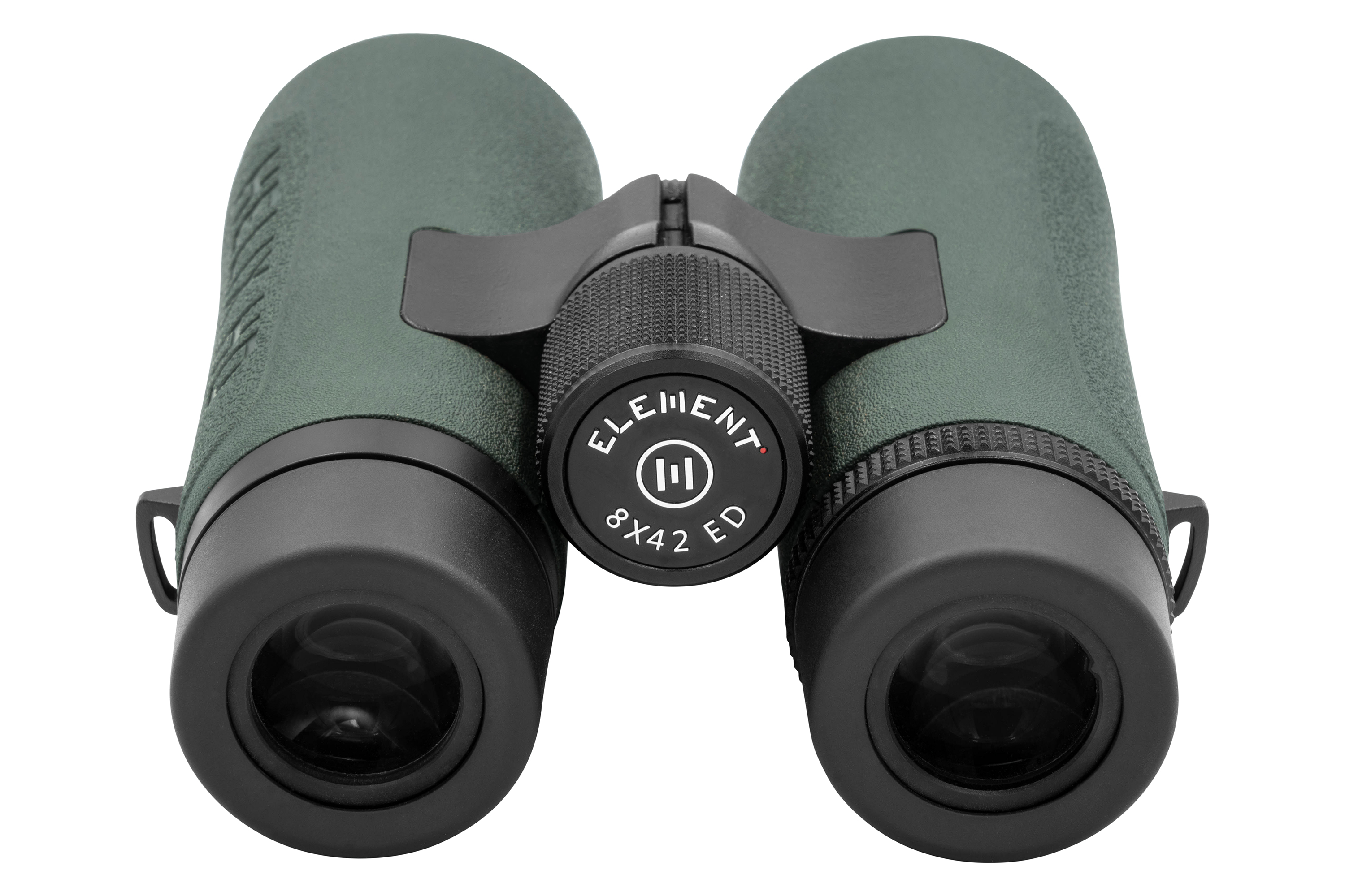 Element 8x42 ED-Fernglas mit grüner gummierter Beschichtung und strukturiertem Griff für längere Haltbarkeit.