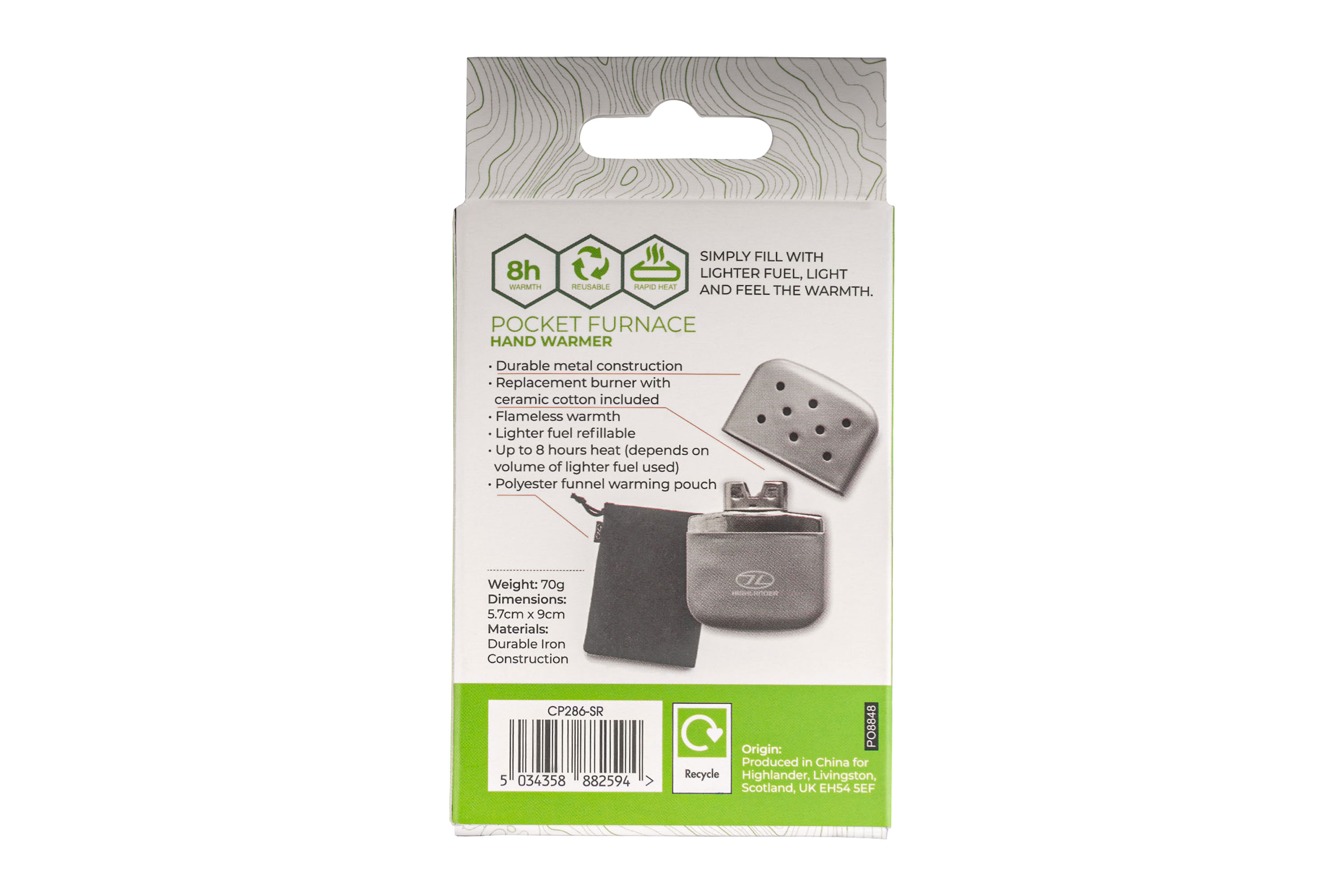 Einzelhandelsverpackung für einen Highlander Pocket Furnace Handwärmer mit Ausstattung, Metallbrenner und Aufbewahrungsbeutel.