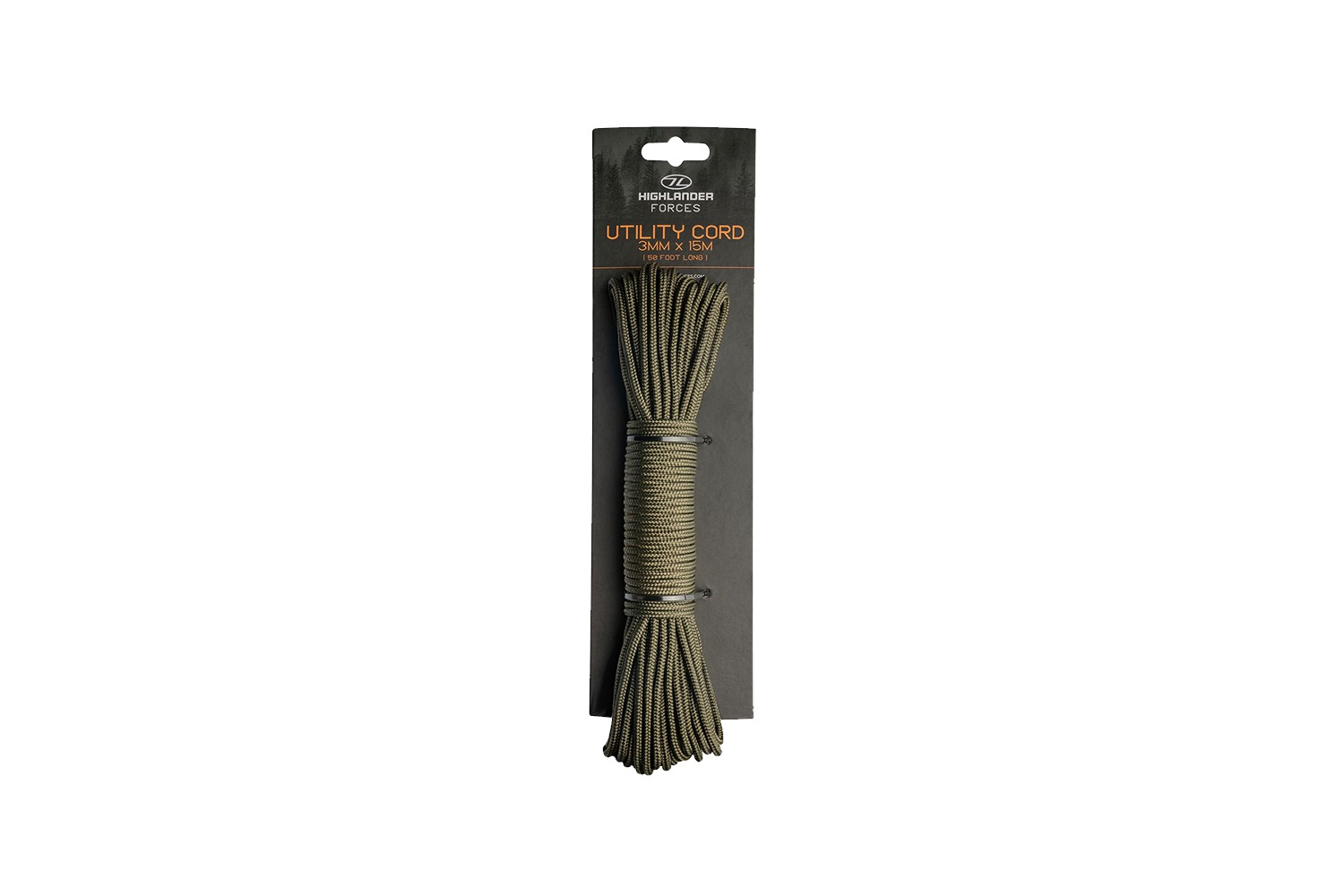 Olivgrünes Netzkabel der Highlander Forces, 3 mm x 15 m, verpackt auf einer schwarzen Pappunterlage für Outdoor-Ausrüstung.