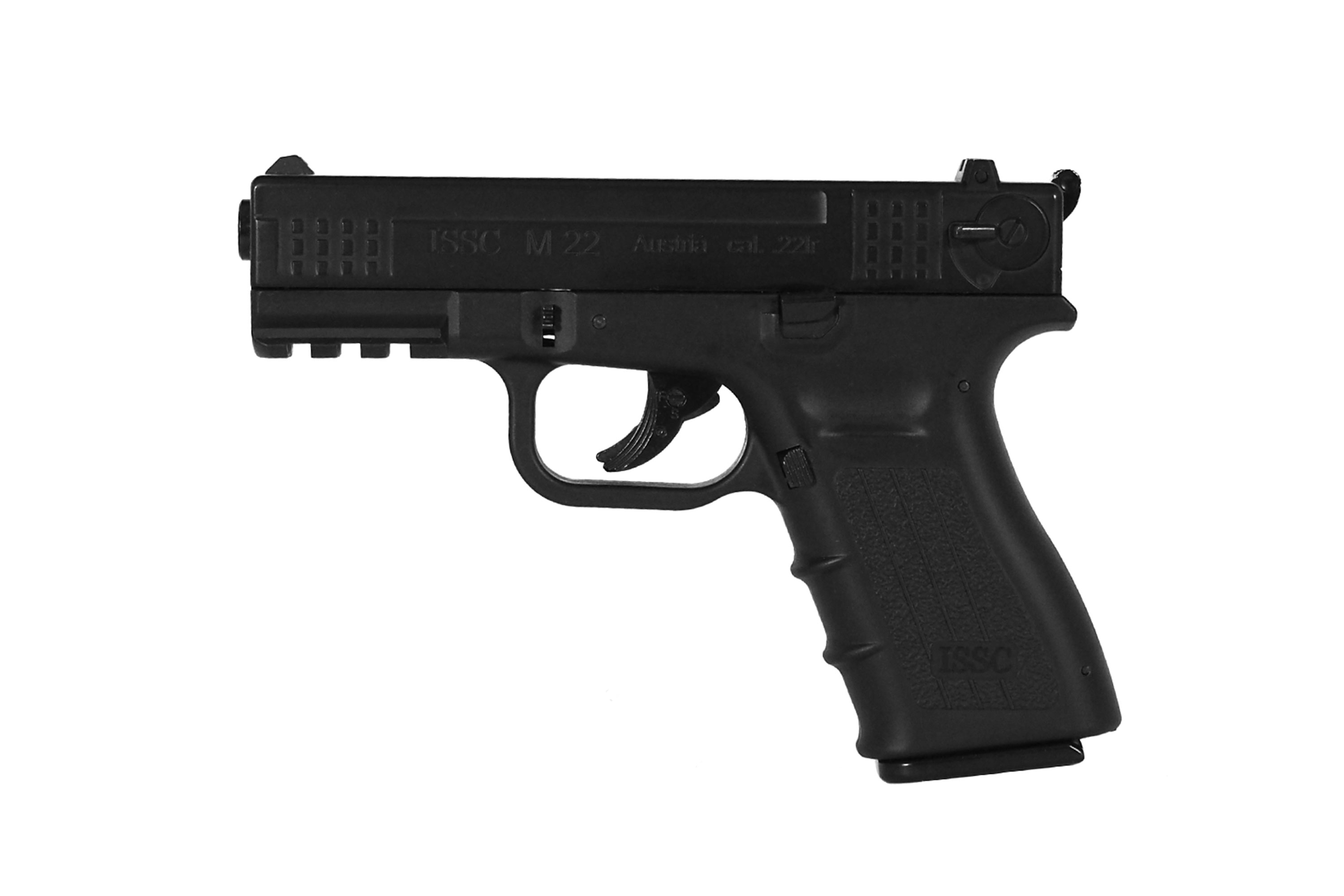 ISSC M22 Luftpistole in Schwarz mit strukturiertem Griff und elegantem Design für Schusswaffenliebhaber.