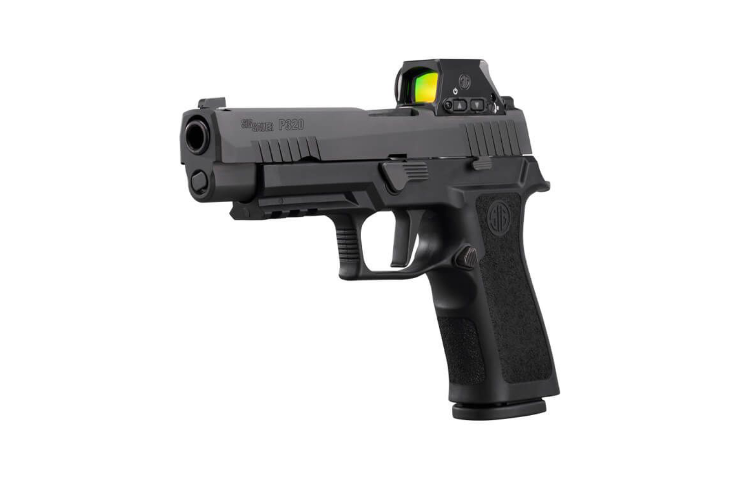 Sig Sauer P320 Luftpistole mit schwarzem Finish und Leuchtpunktvisier, ideal für das Scheibenschießen.