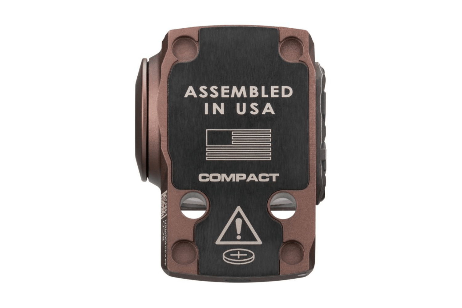 Kompaktes Luftpistolen-Zubehör mit Bronze-Finish, Sicherheitsindikatoren und USA-Montagekennzeichnung.