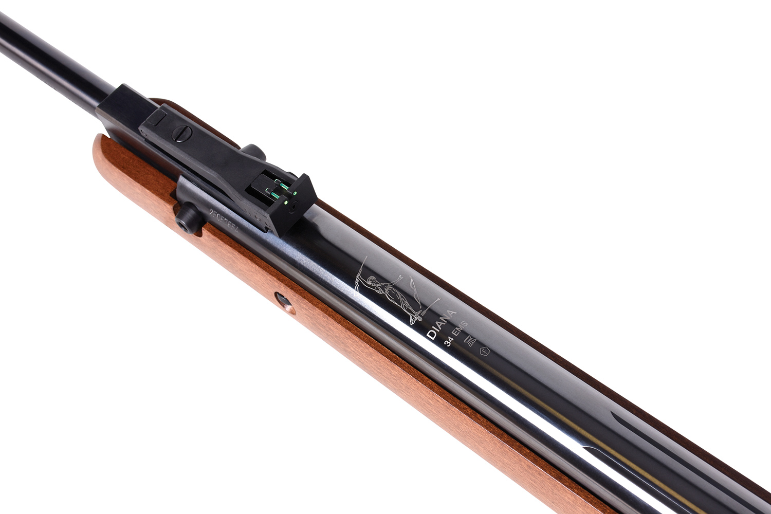 Luftgewehr Diana 34 E mit elegantem schwarzem Lauf und Holzschaft sowie verstellbarer Visierung.