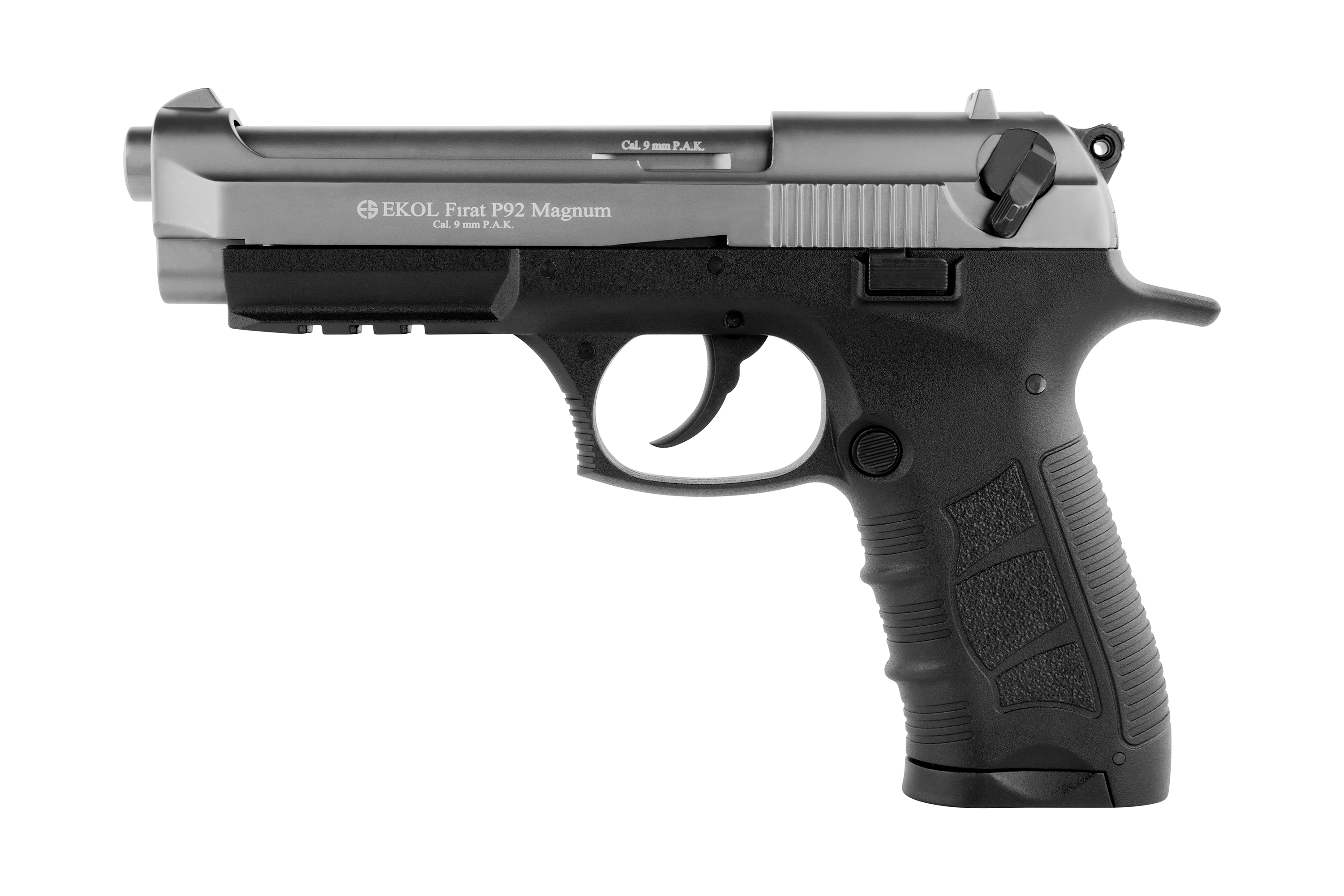EKOL Frat P92 Magnum Luftpistole in Silber und Schwarz mit strukturiertem Griff und taktischem Design.